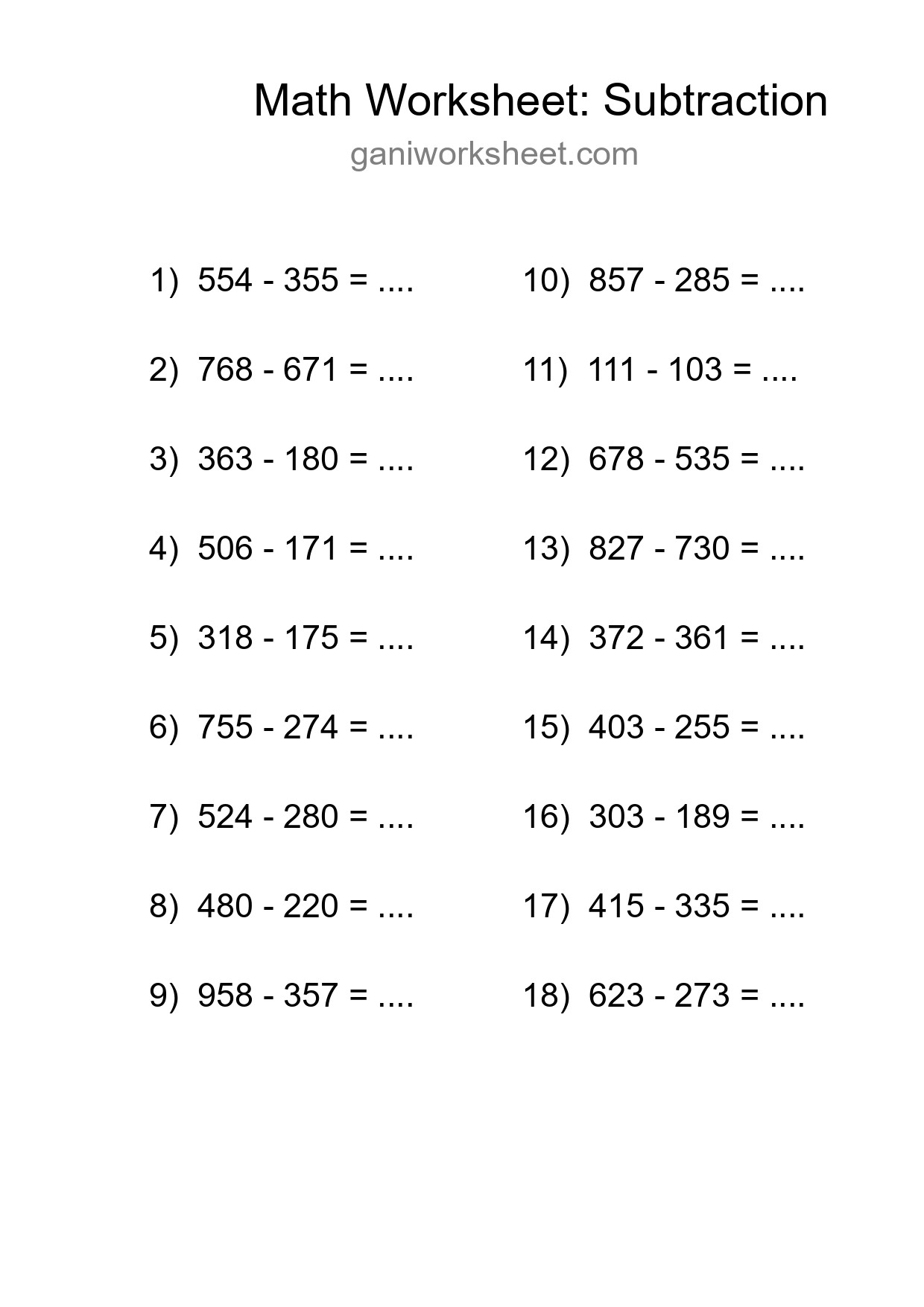 Grade 5 Subtraction Practice Worksheet (18 Problems) - Part 708