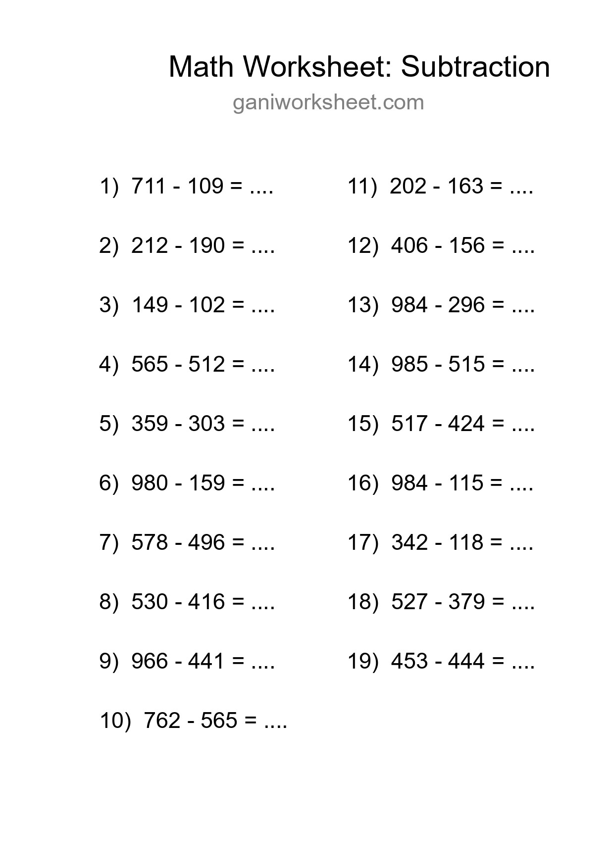 Grade 5 Subtraction Practice Worksheet (19 Problems) - Part 1238