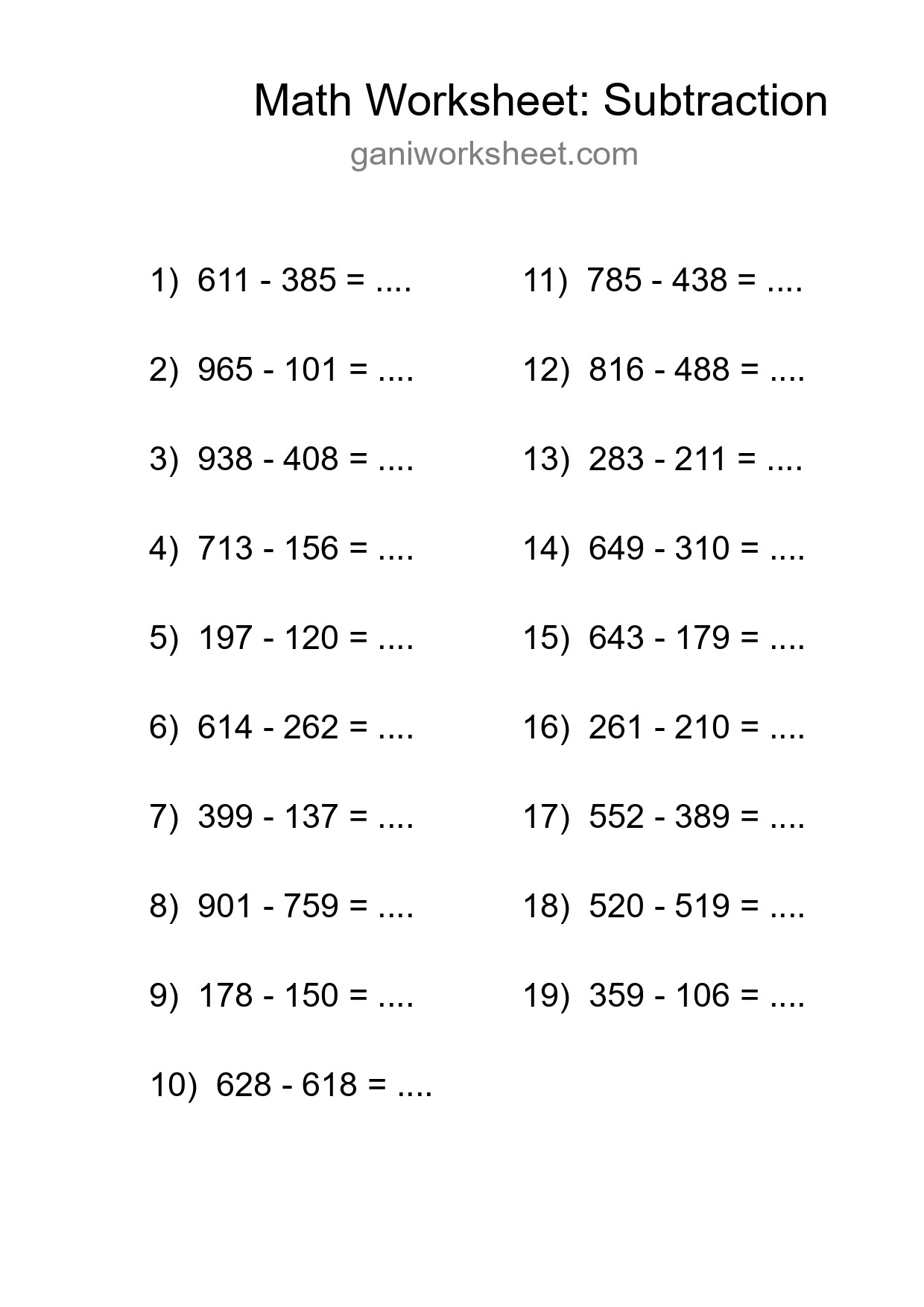 Grade 5 Subtraction Practice Worksheet (19 Problems) - Part 1258