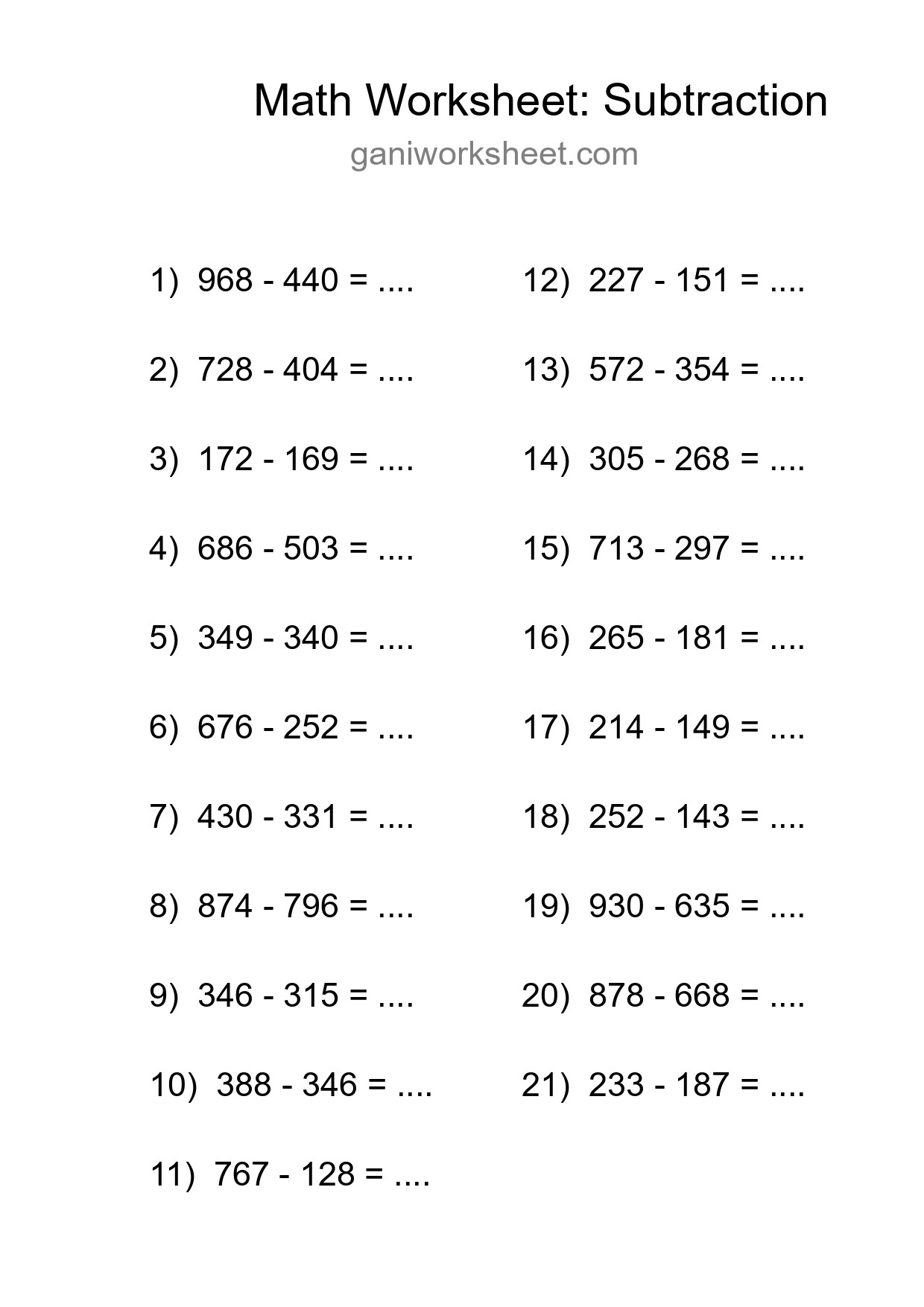 Grade 5 Subtraction Practice Worksheet (21 Problems) - Part 1978