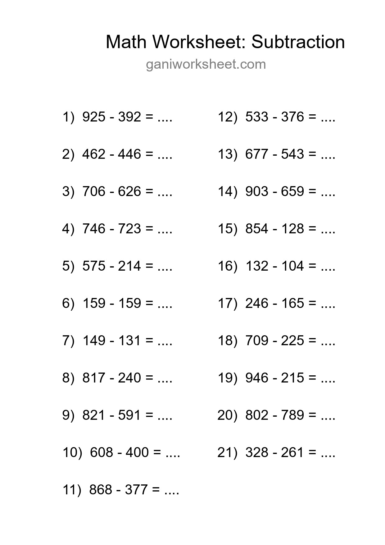 Grade 5 Subtraction Practice Worksheet (21 Problems) - Part 428