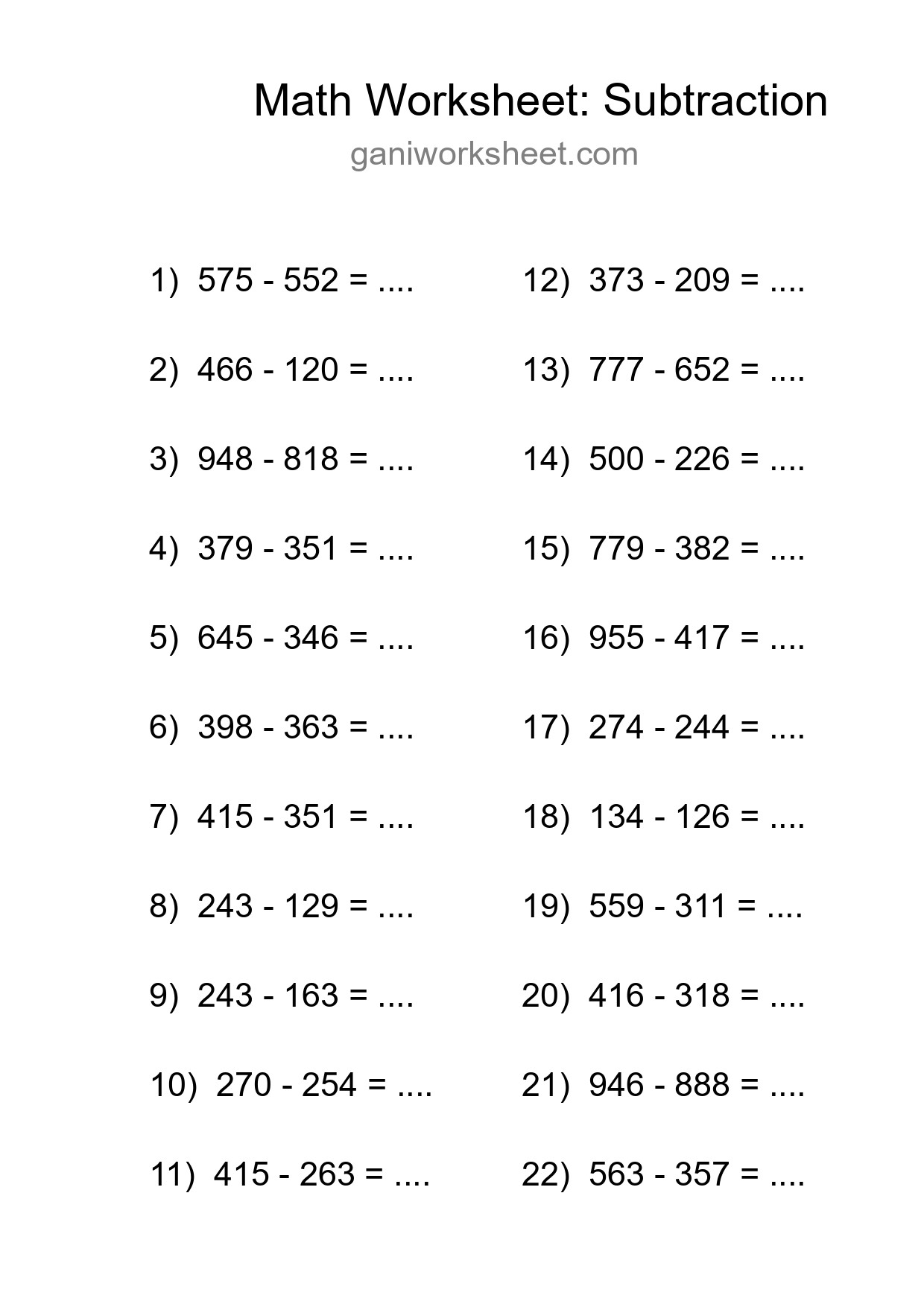 Grade 5 Subtraction Practice Worksheet (22 Problems) - Part 1608