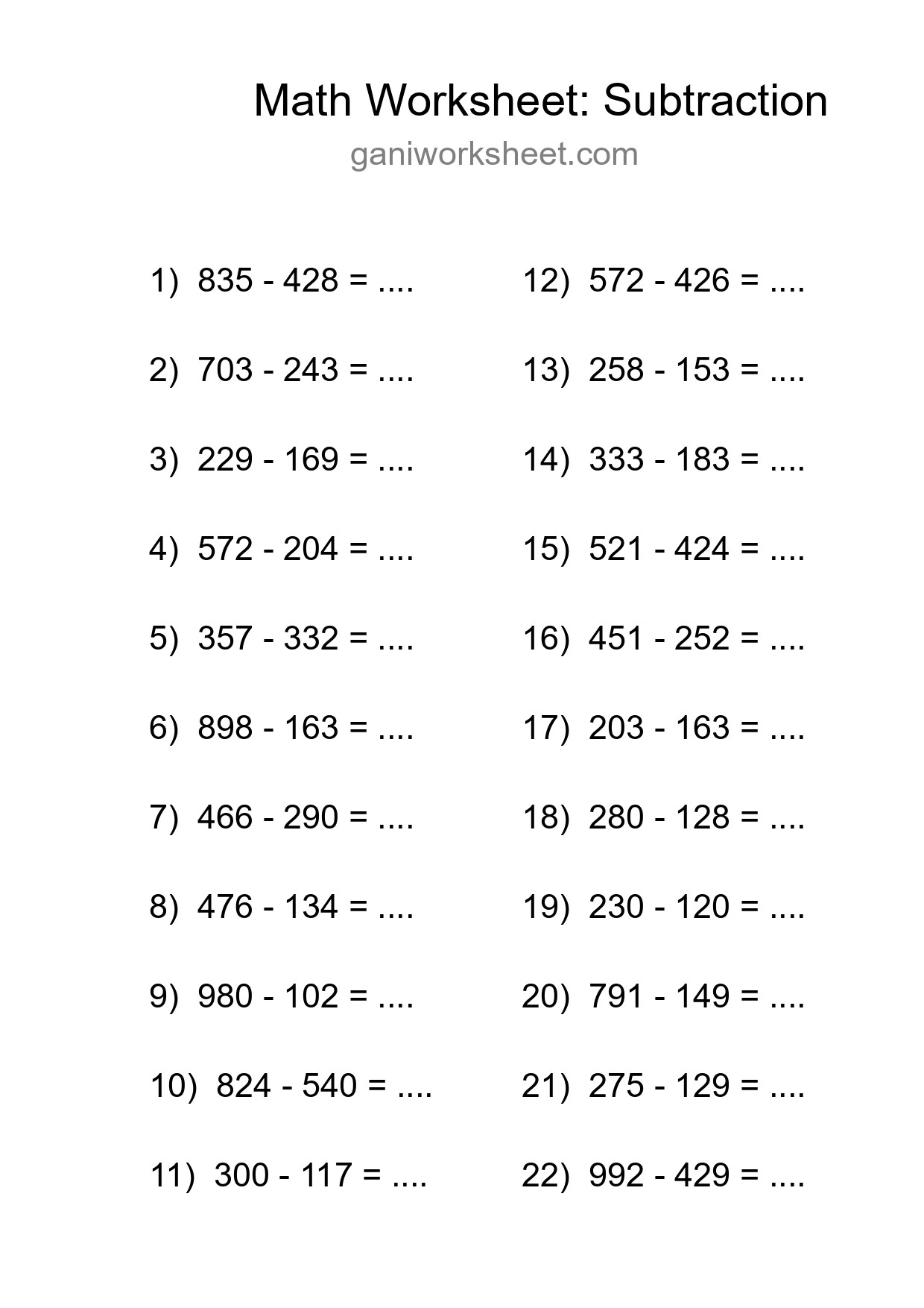 Grade 5 Subtraction Practice Worksheet (22 Problems) - Part 1918