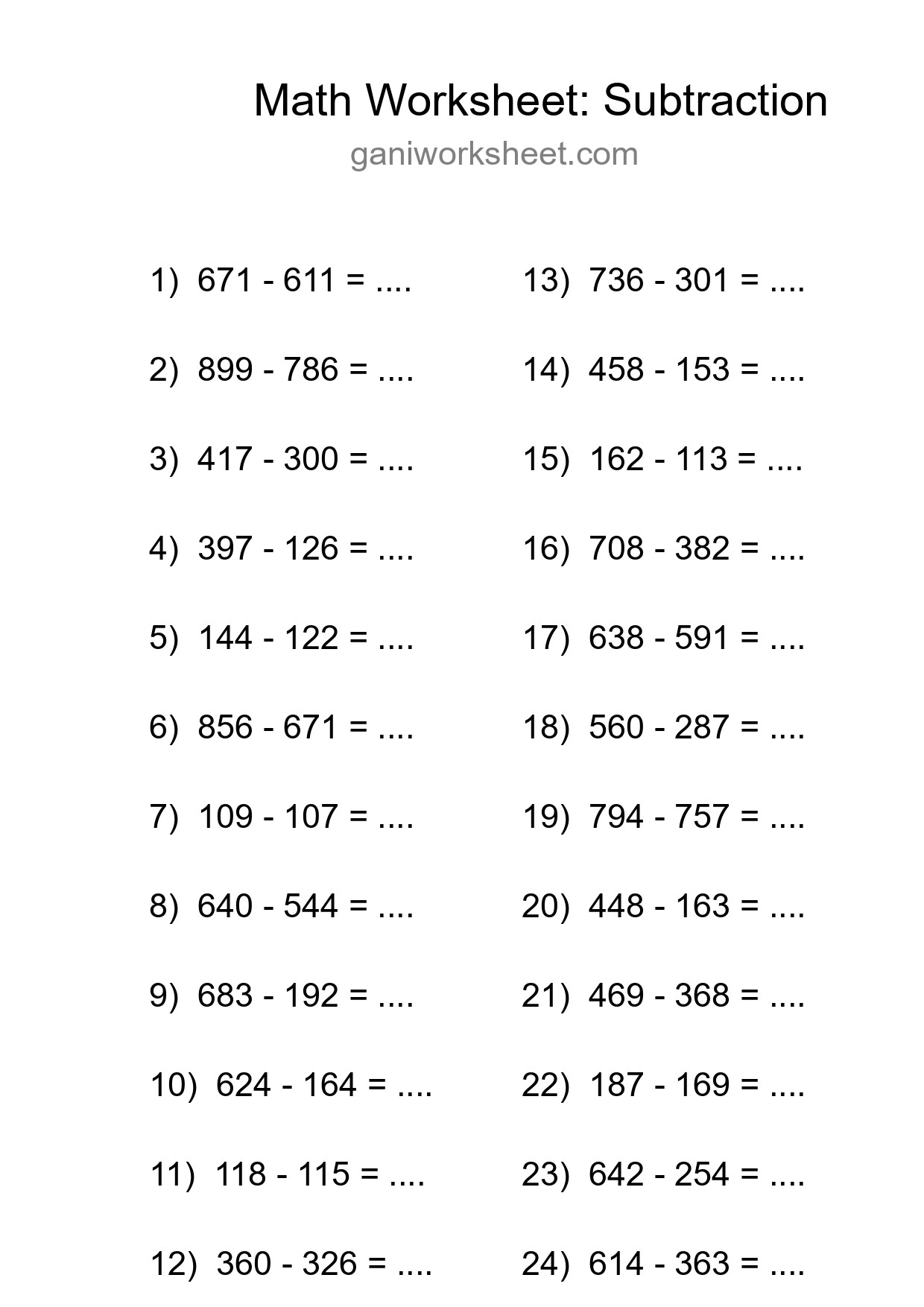 Grade 5 Subtraction Practice Worksheet (24 Problems) - Part 1558