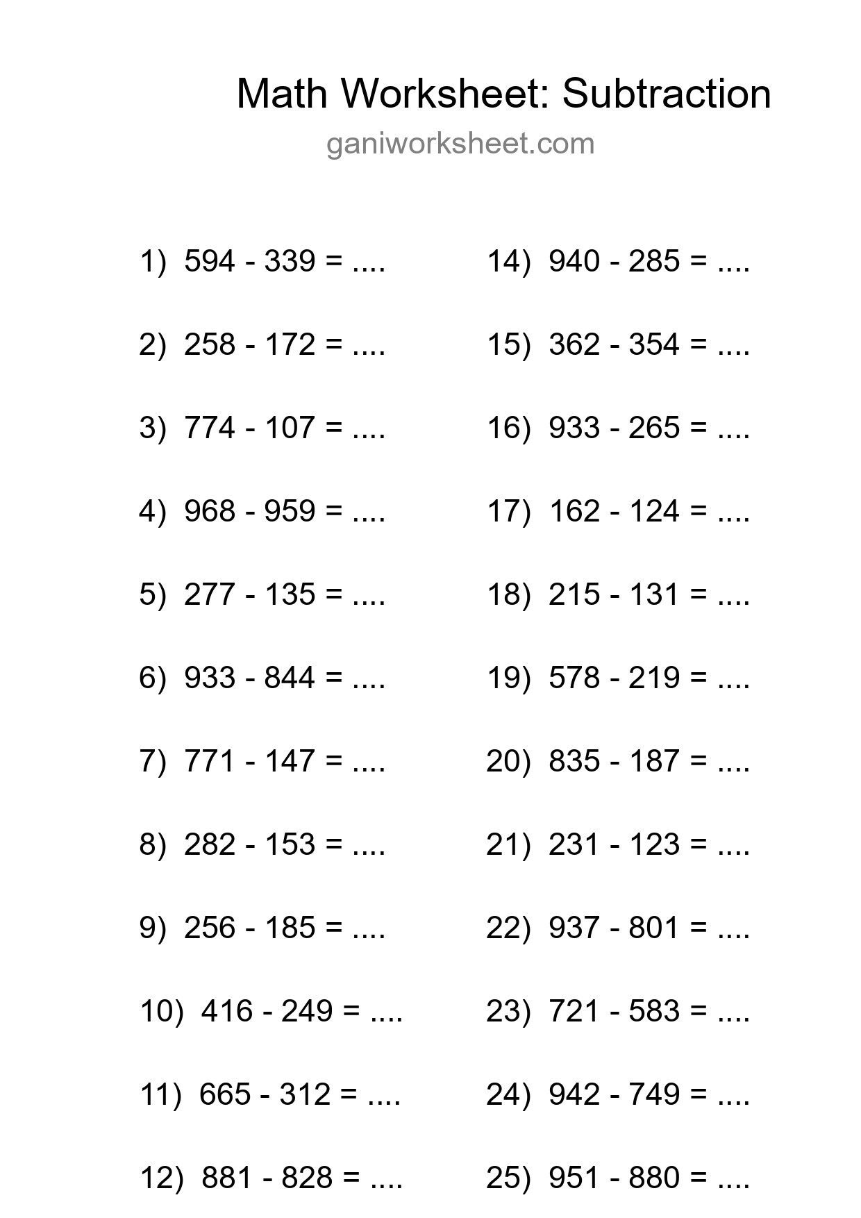 Grade 5 Subtraction Practice Worksheet (25 Problems) - Part 108