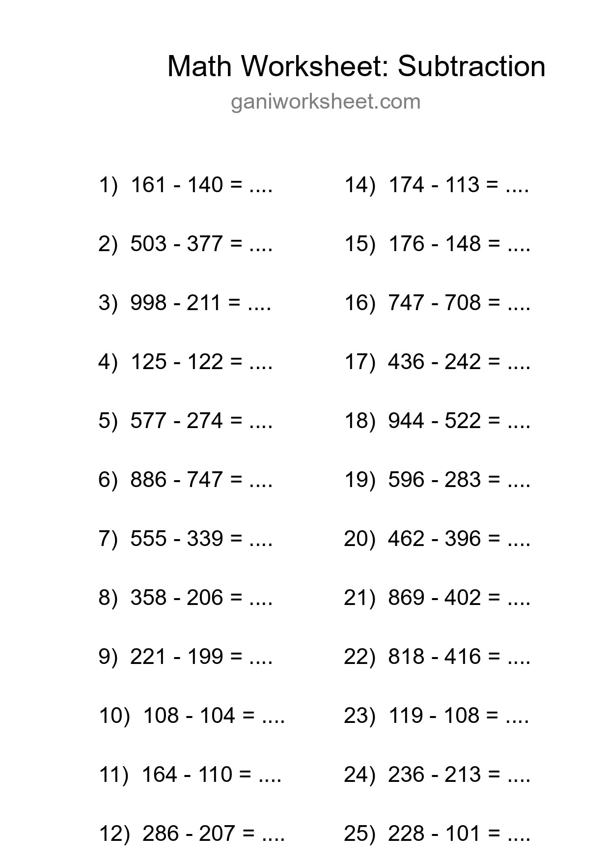 Grade 5 Subtraction Practice Worksheet (25 Problems) - Part 1948
