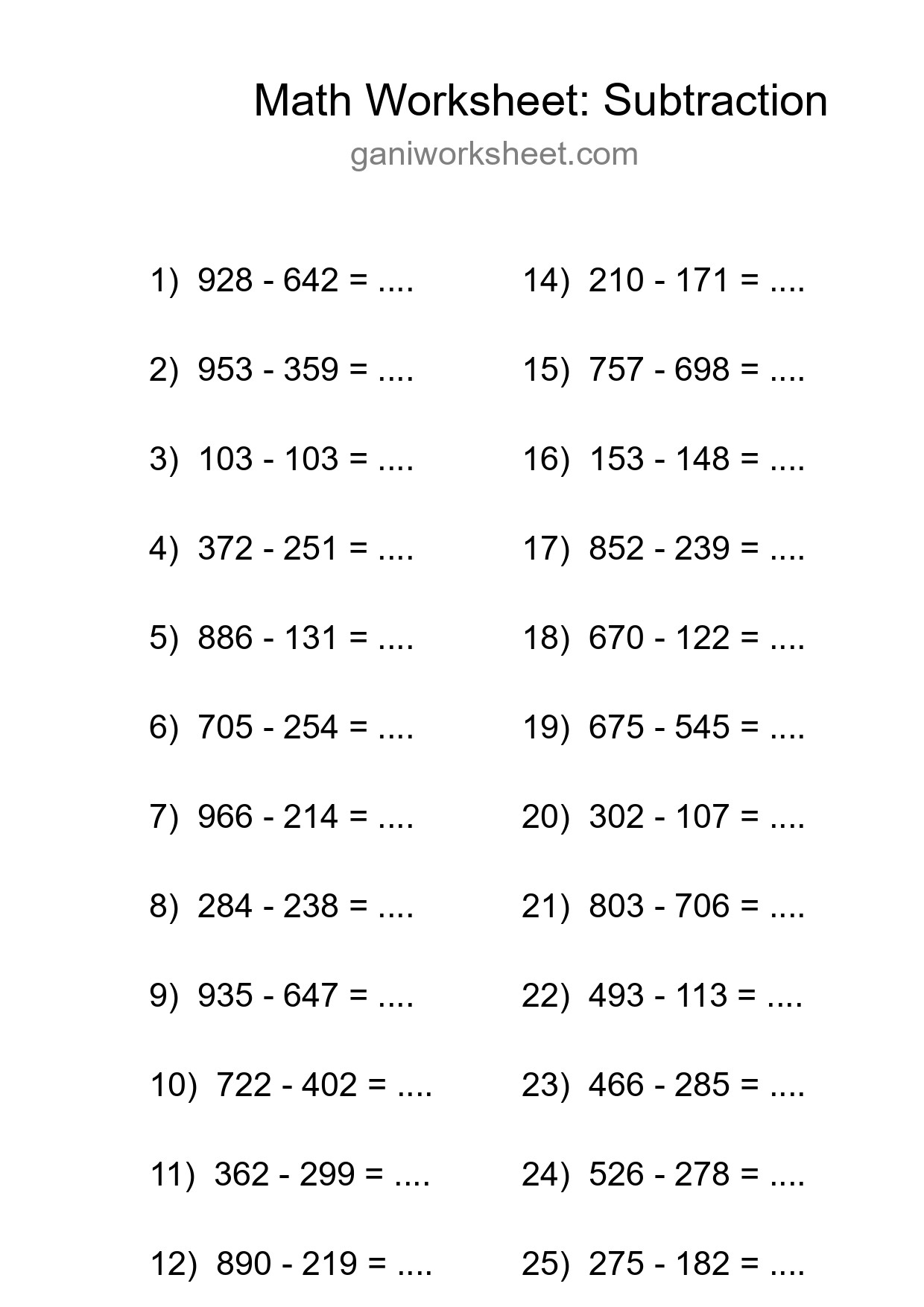 Grade 5 Subtraction Practice Worksheet (25 Problems) - Part 1968
