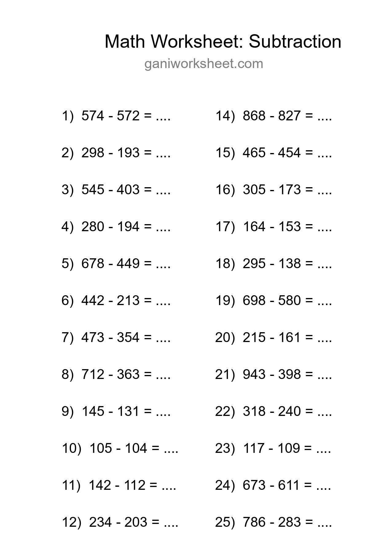 Grade 5 Subtraction Practice Worksheet (25 Problems) - Part 598