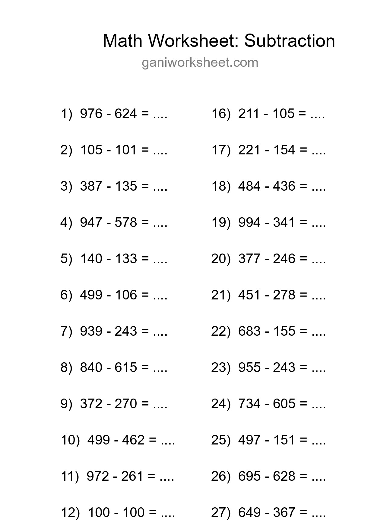 Grade 5 Subtraction Practice Worksheet (29 Problems) - Part 1578