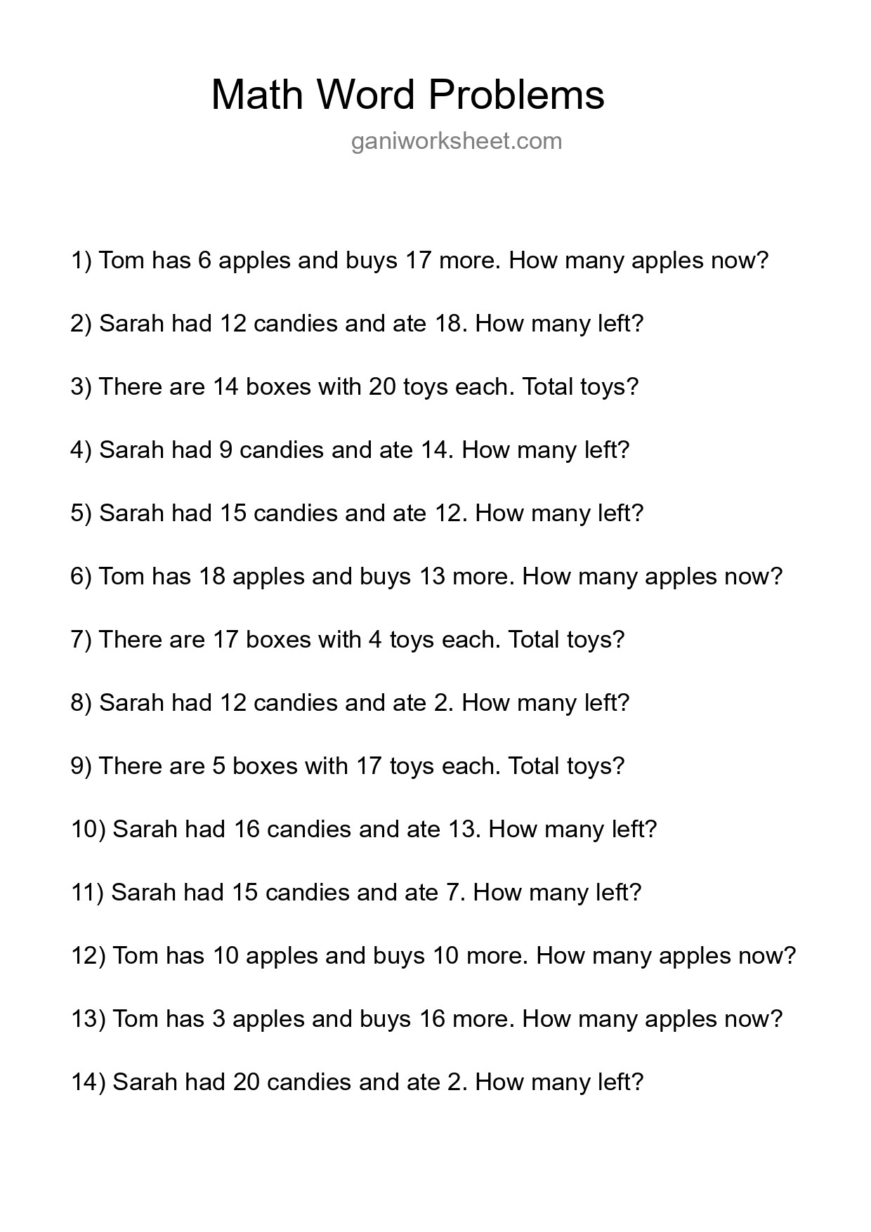 Math Word Problem Worksheet