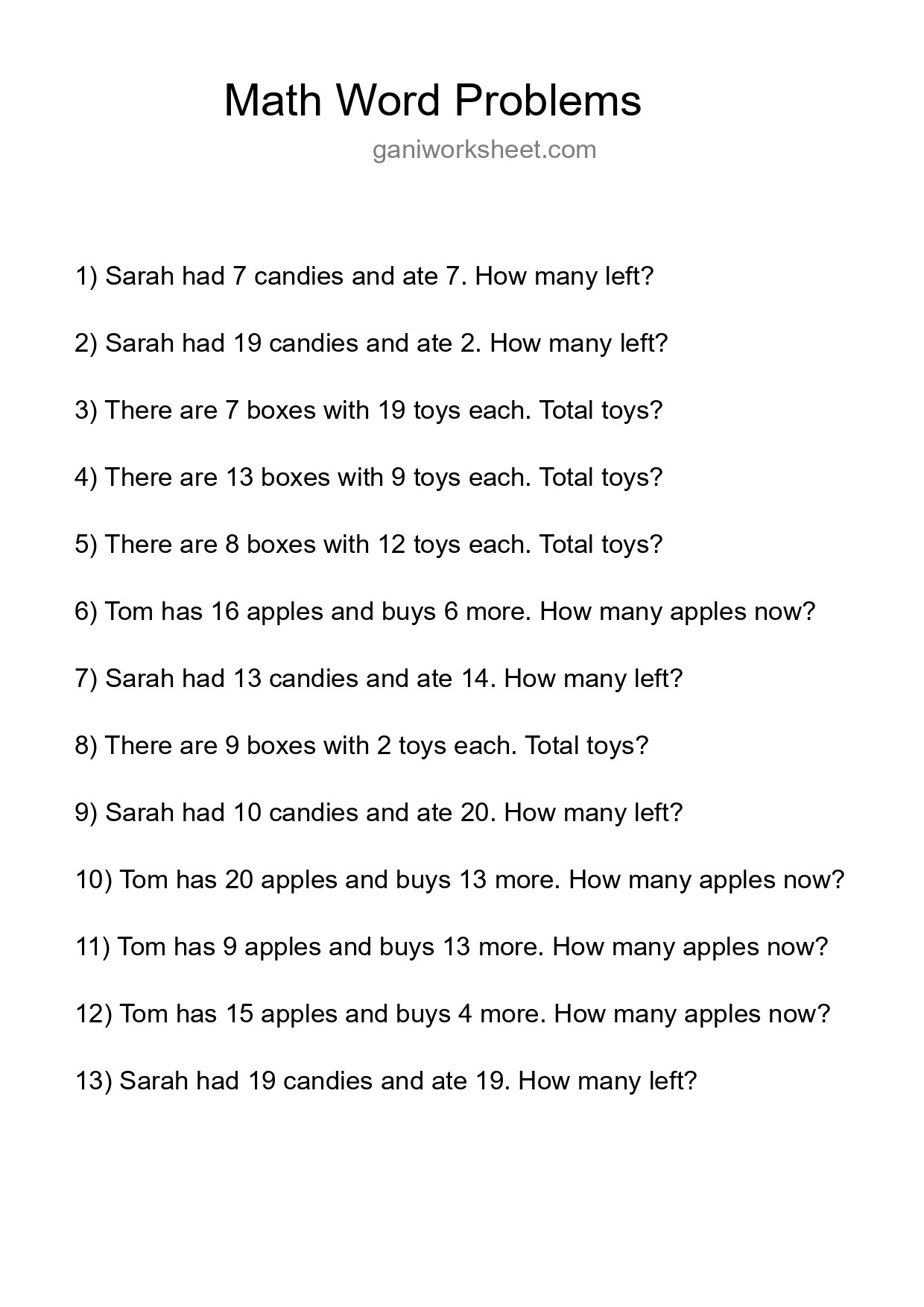 Math Word Problem Worksheet