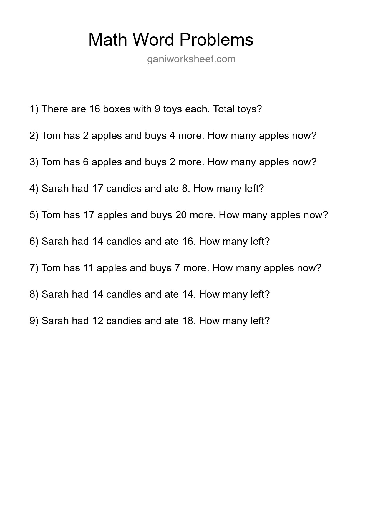 Math Word Problem Worksheet