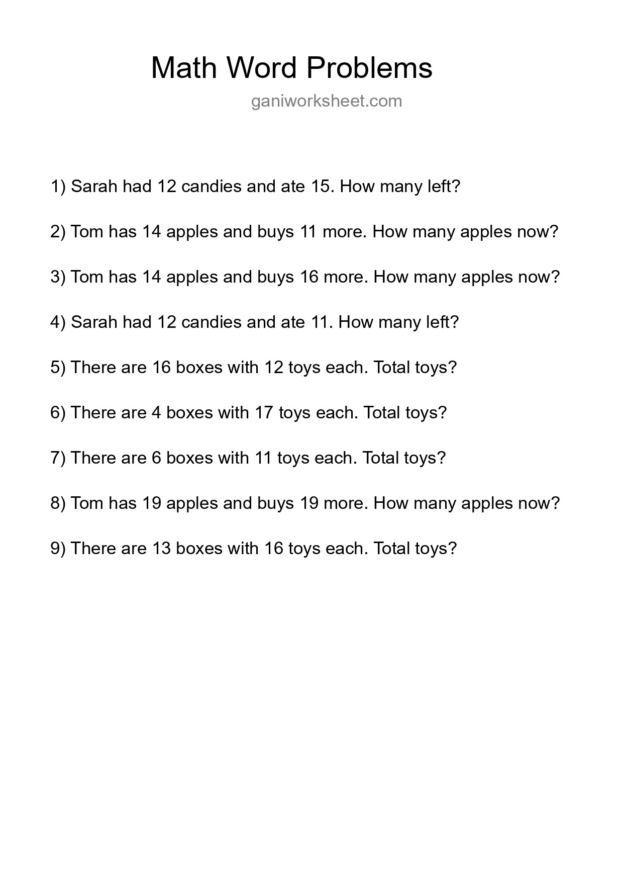 Math Word Problem Worksheet