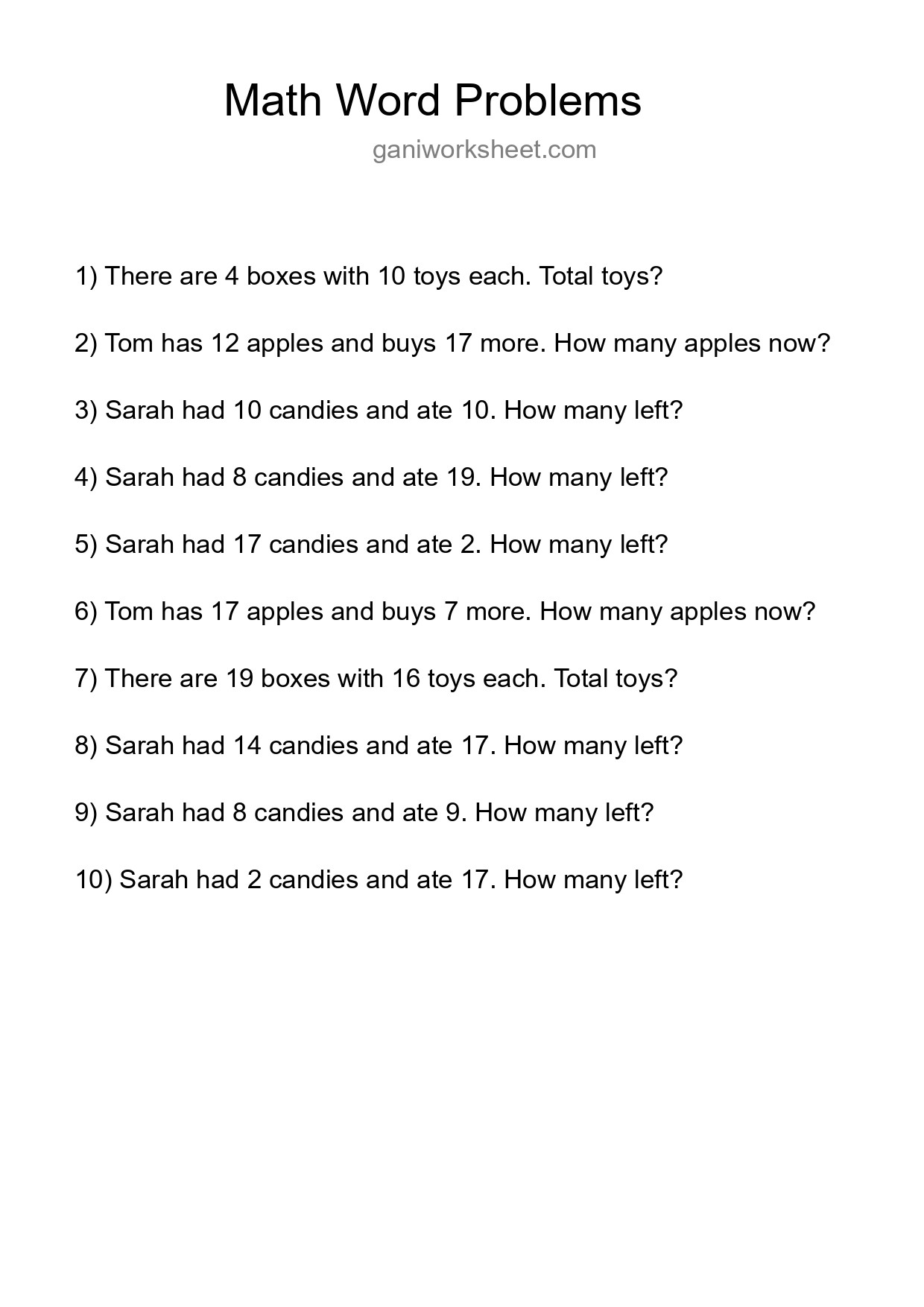 Math Word Problem Worksheet