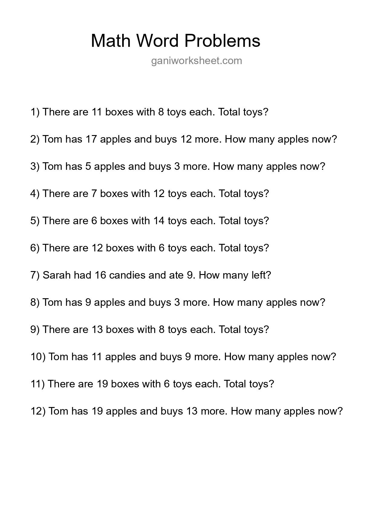 Math Word Problem Worksheet