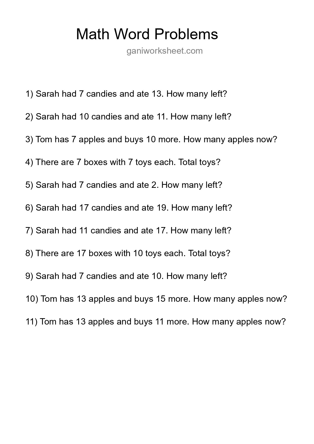 Math Word Problem Worksheet