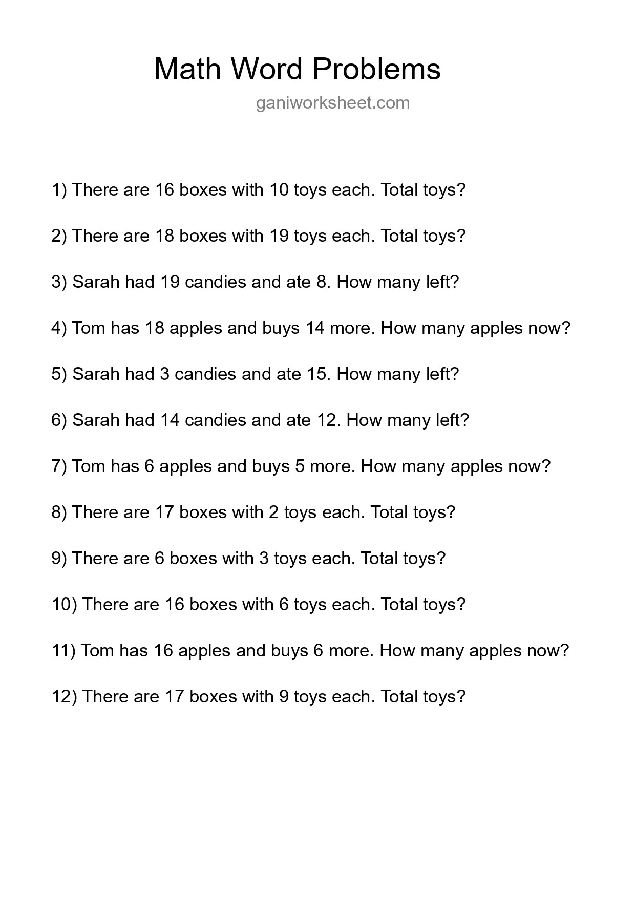 Math Word Problem Worksheet