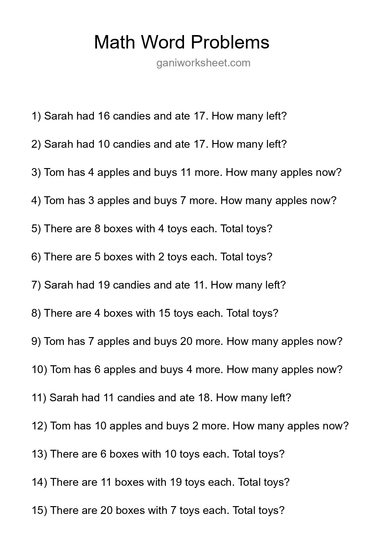 Math Word Problem Worksheet