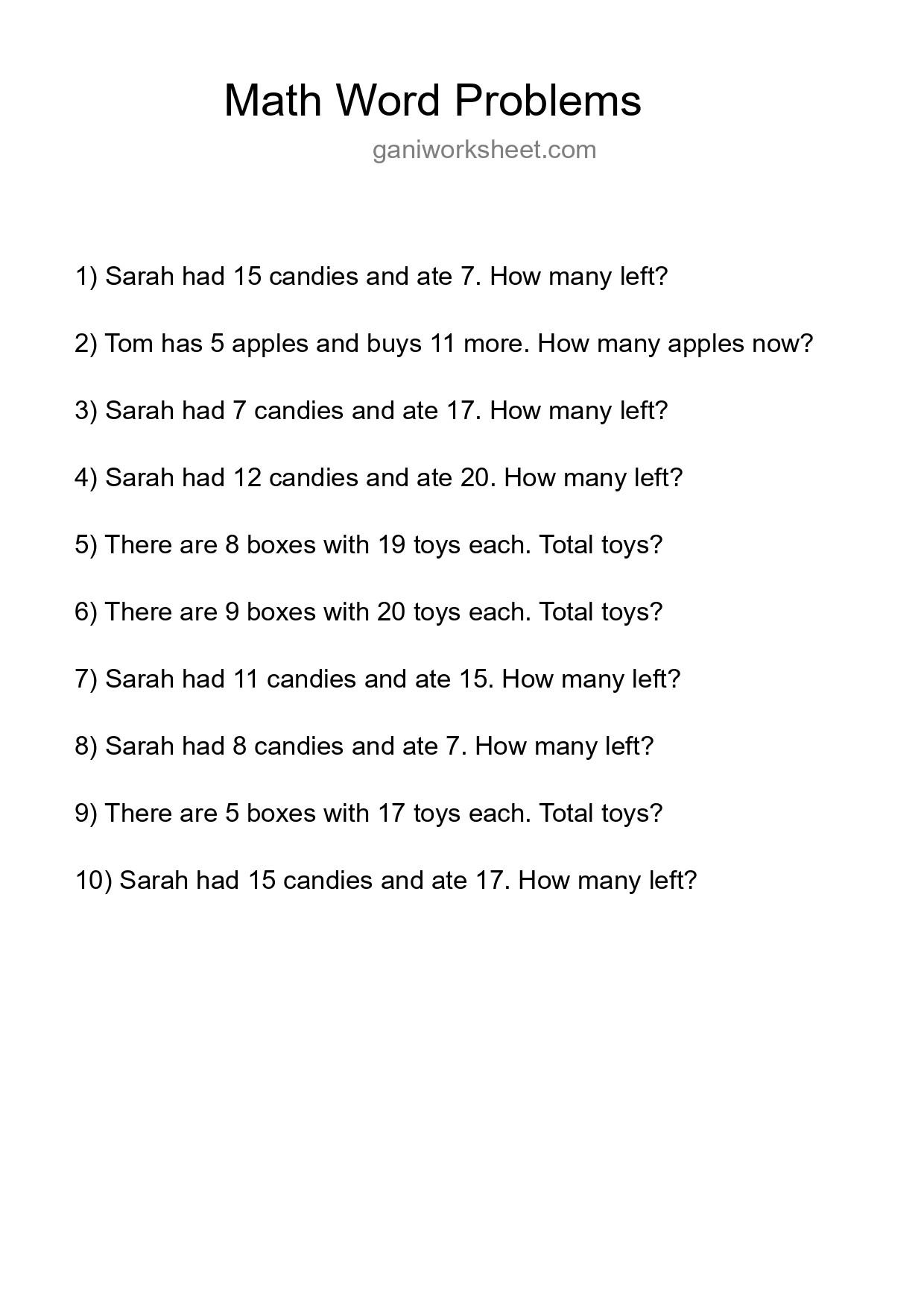 Math Word Problem Worksheet