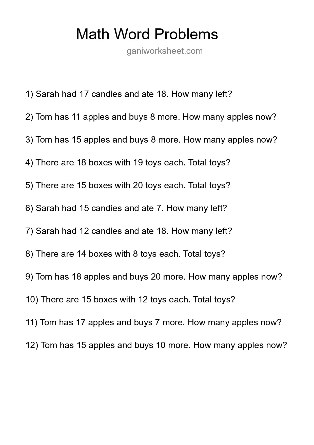 Math Word Problem Worksheet