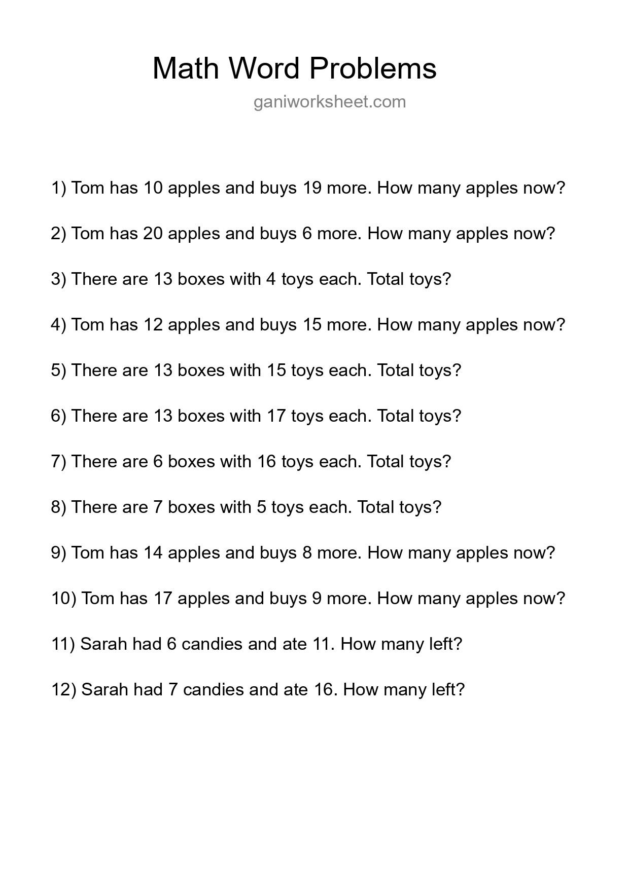 Math Word Problem Worksheet