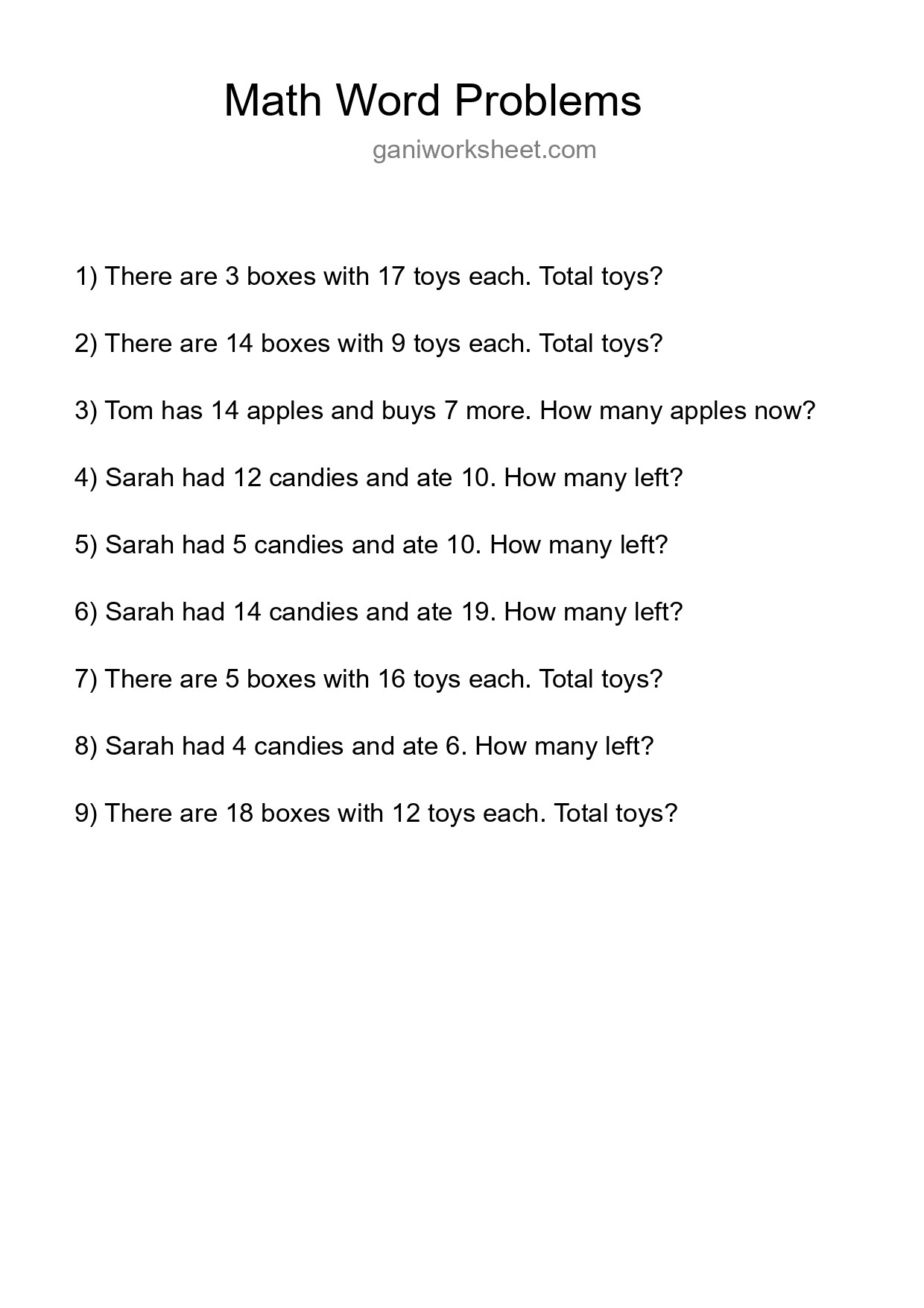 Math Word Problem Worksheet