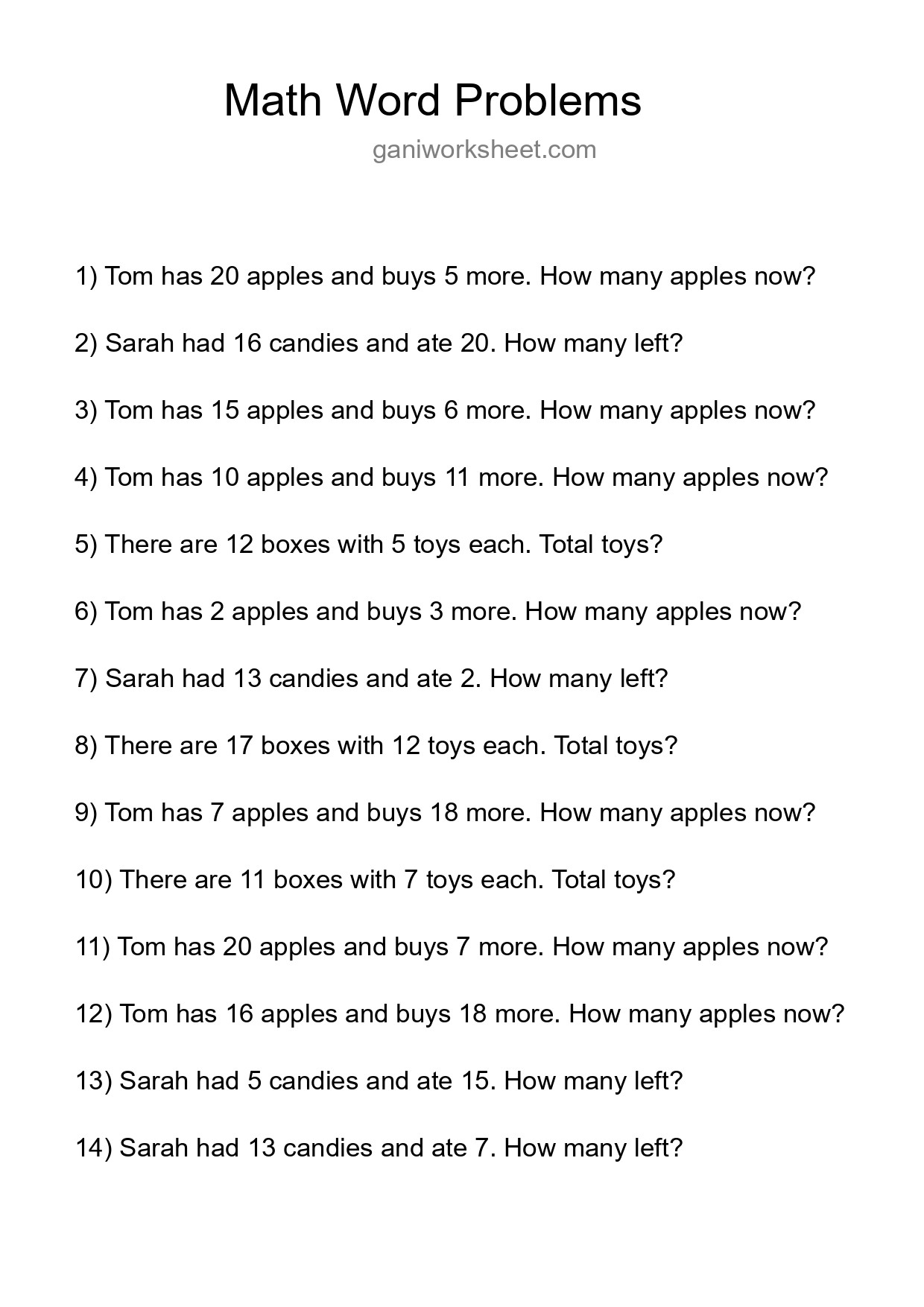 Math Word Problem Worksheet