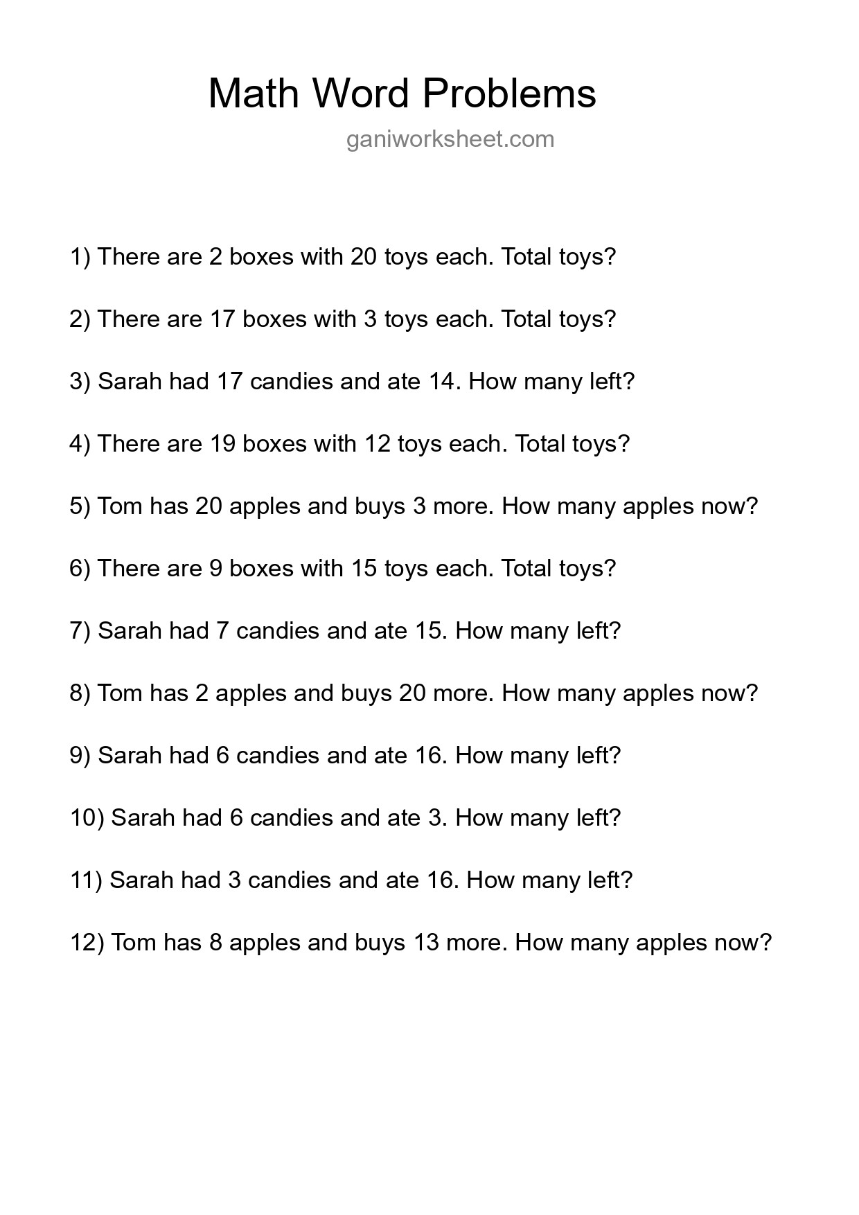 Math Word Problem Worksheet