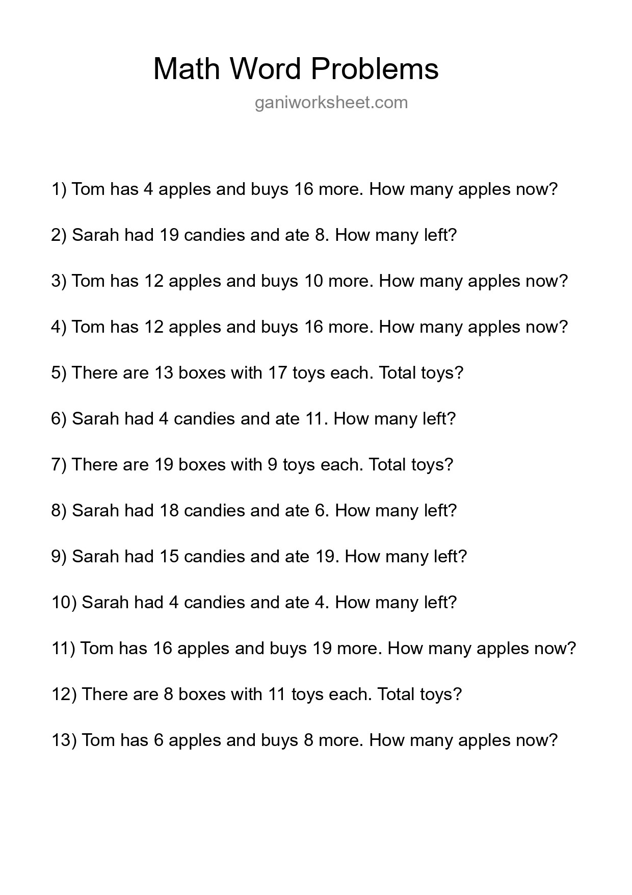 Math Word Problem Worksheet