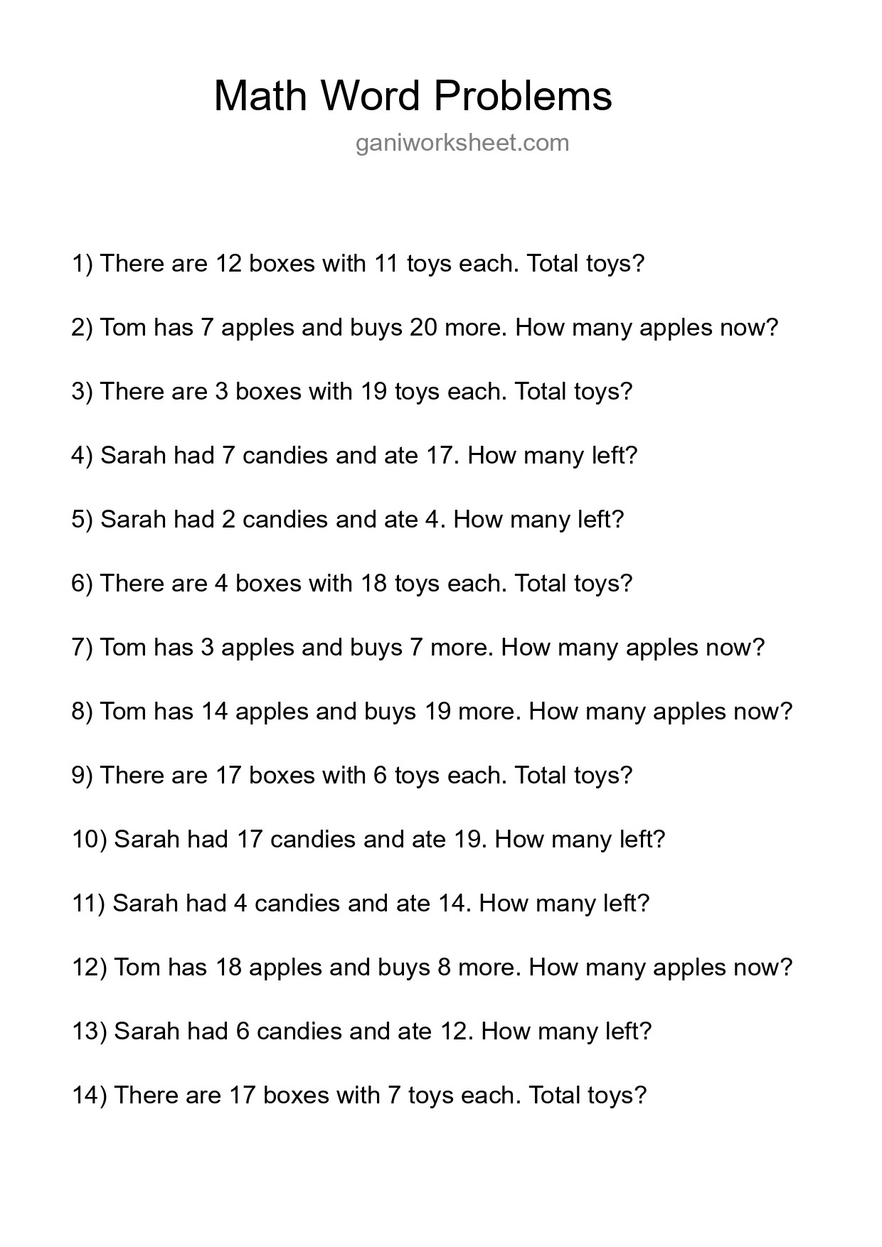 Math Word Problem Worksheet