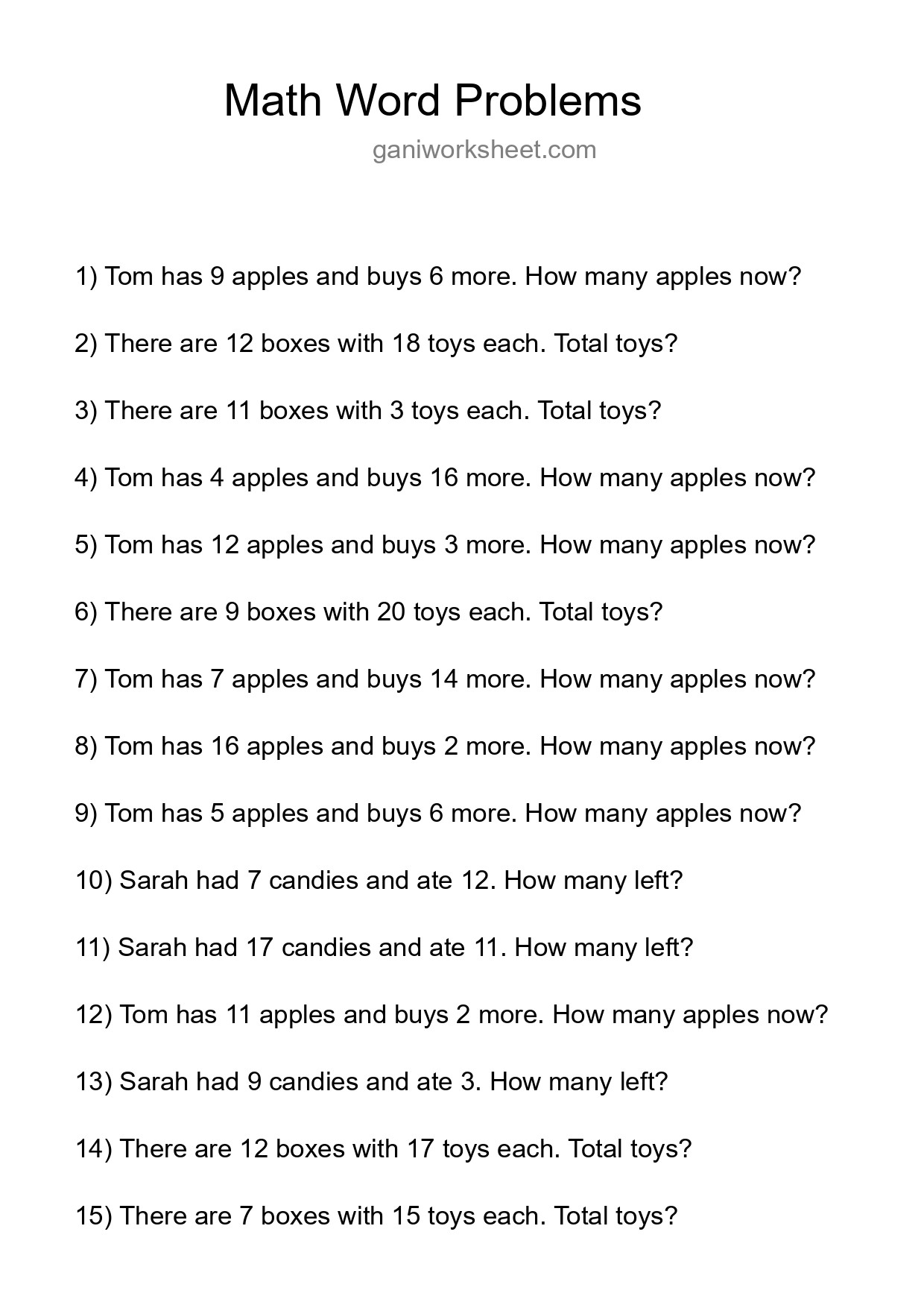 Math Word Problem Worksheet