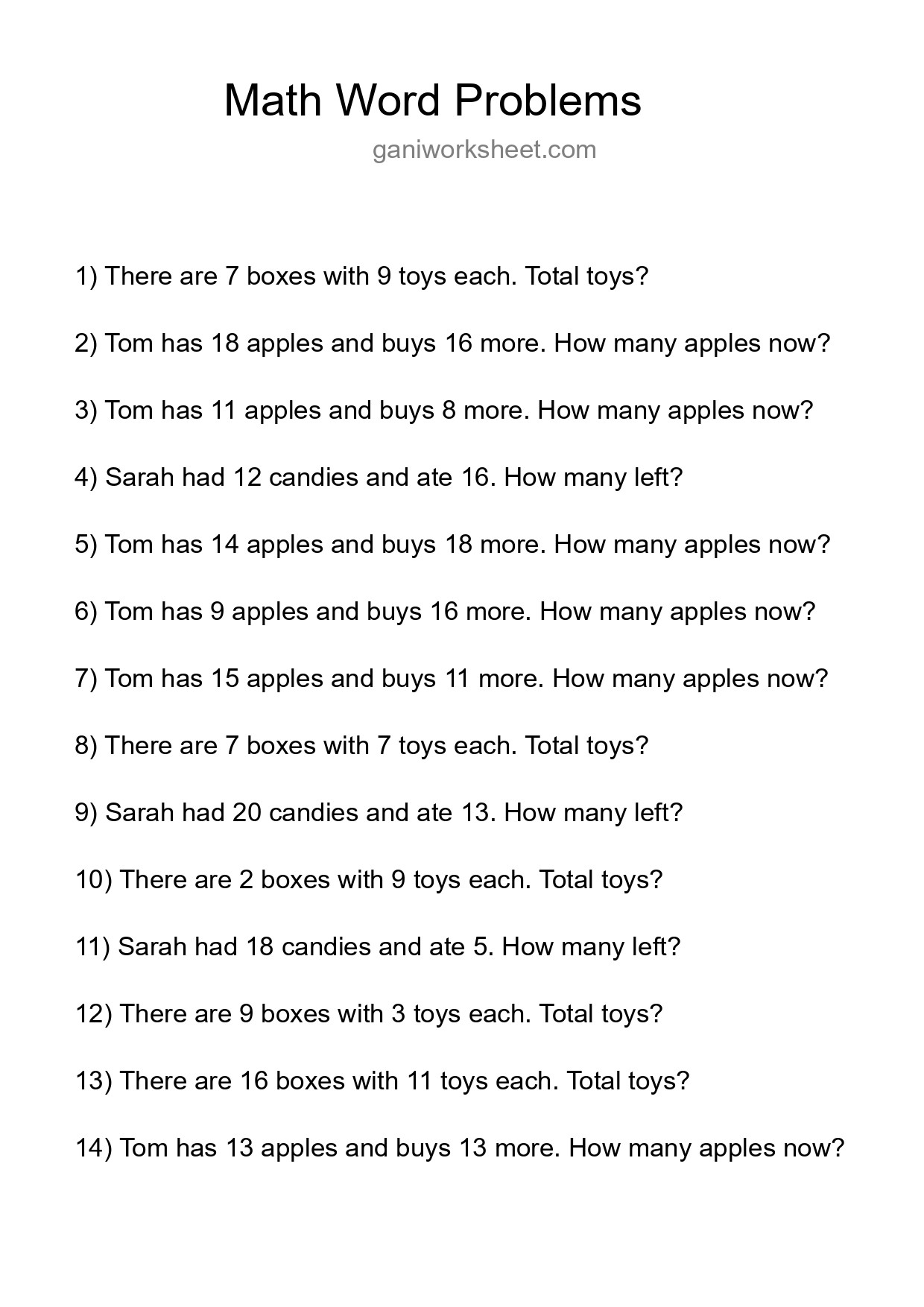 Math Word Problem Worksheet