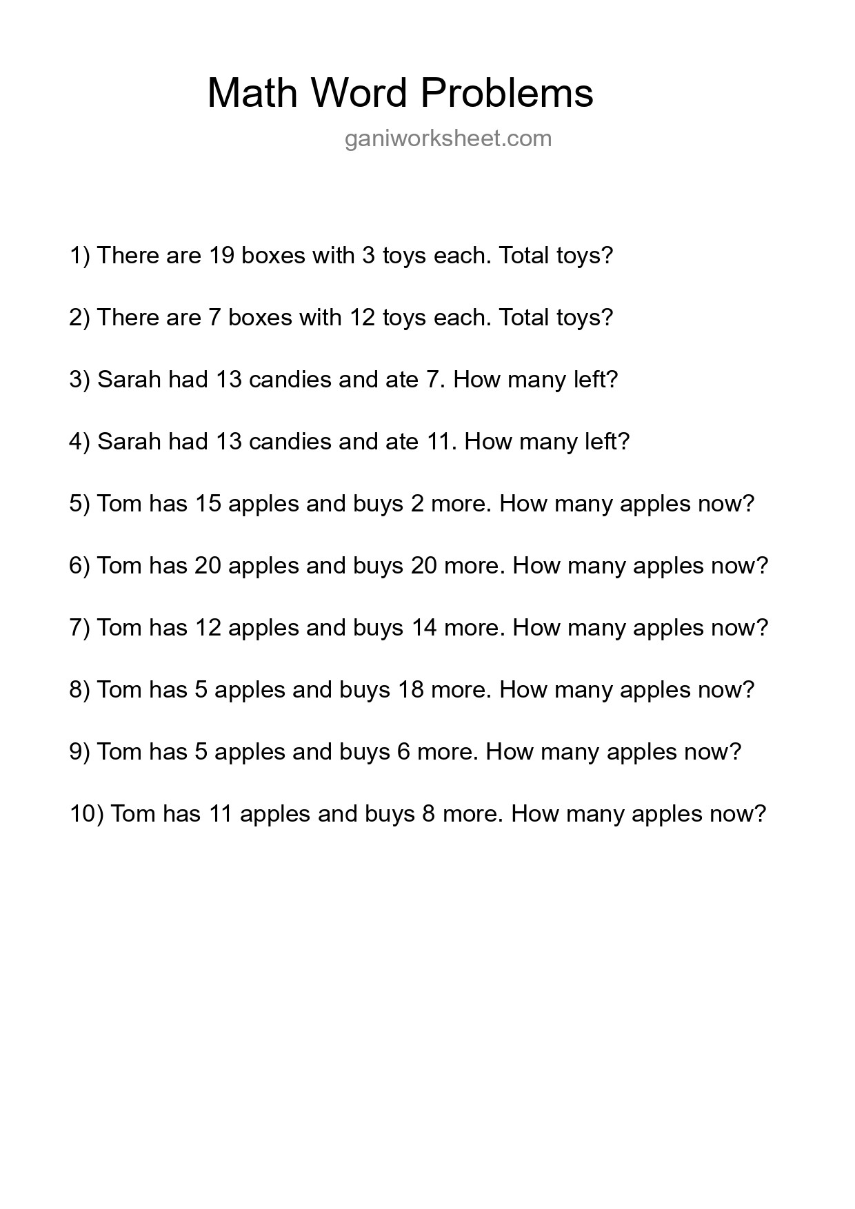 Math Word Problem Worksheet