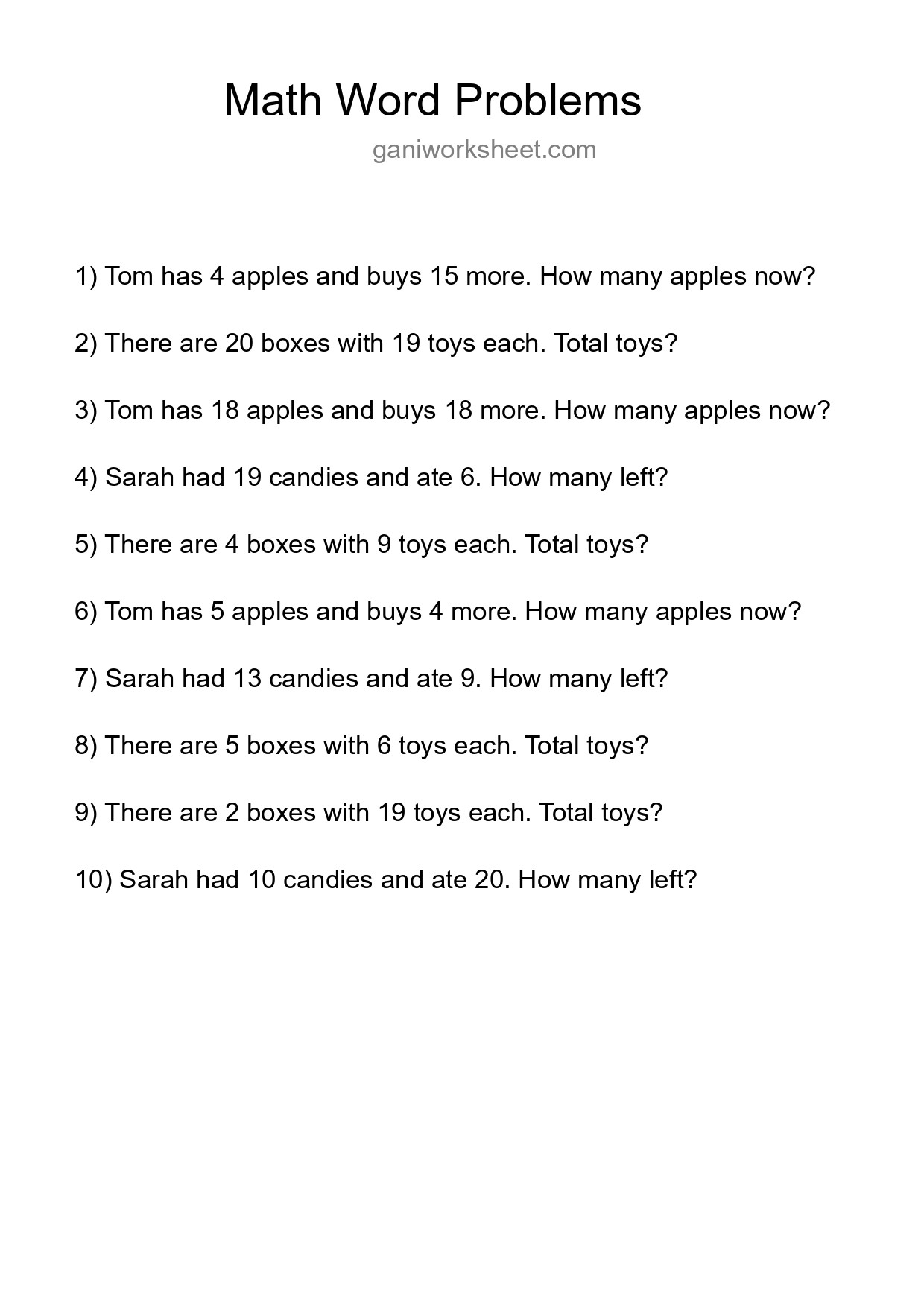 Math Word Problem Worksheet
