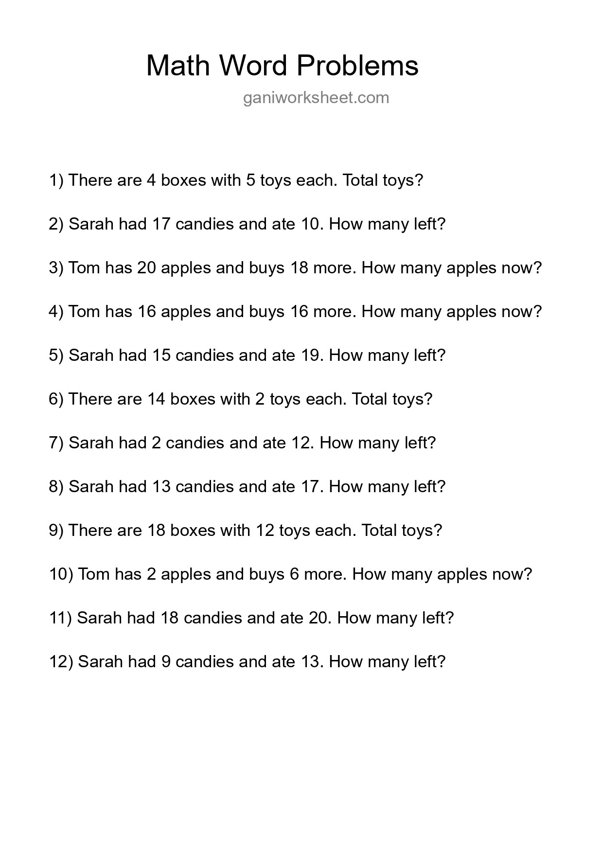 Math Word Problem Worksheet