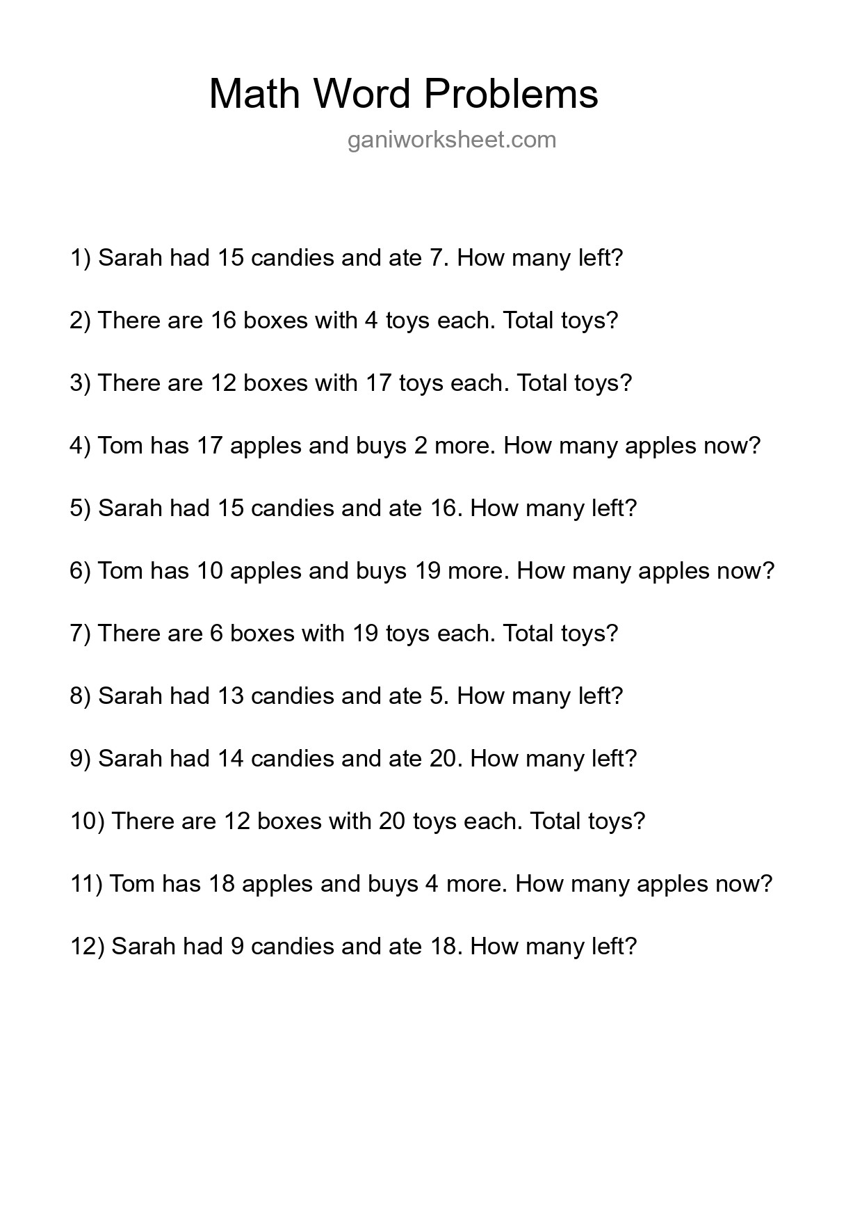 Math Word Problem Worksheet