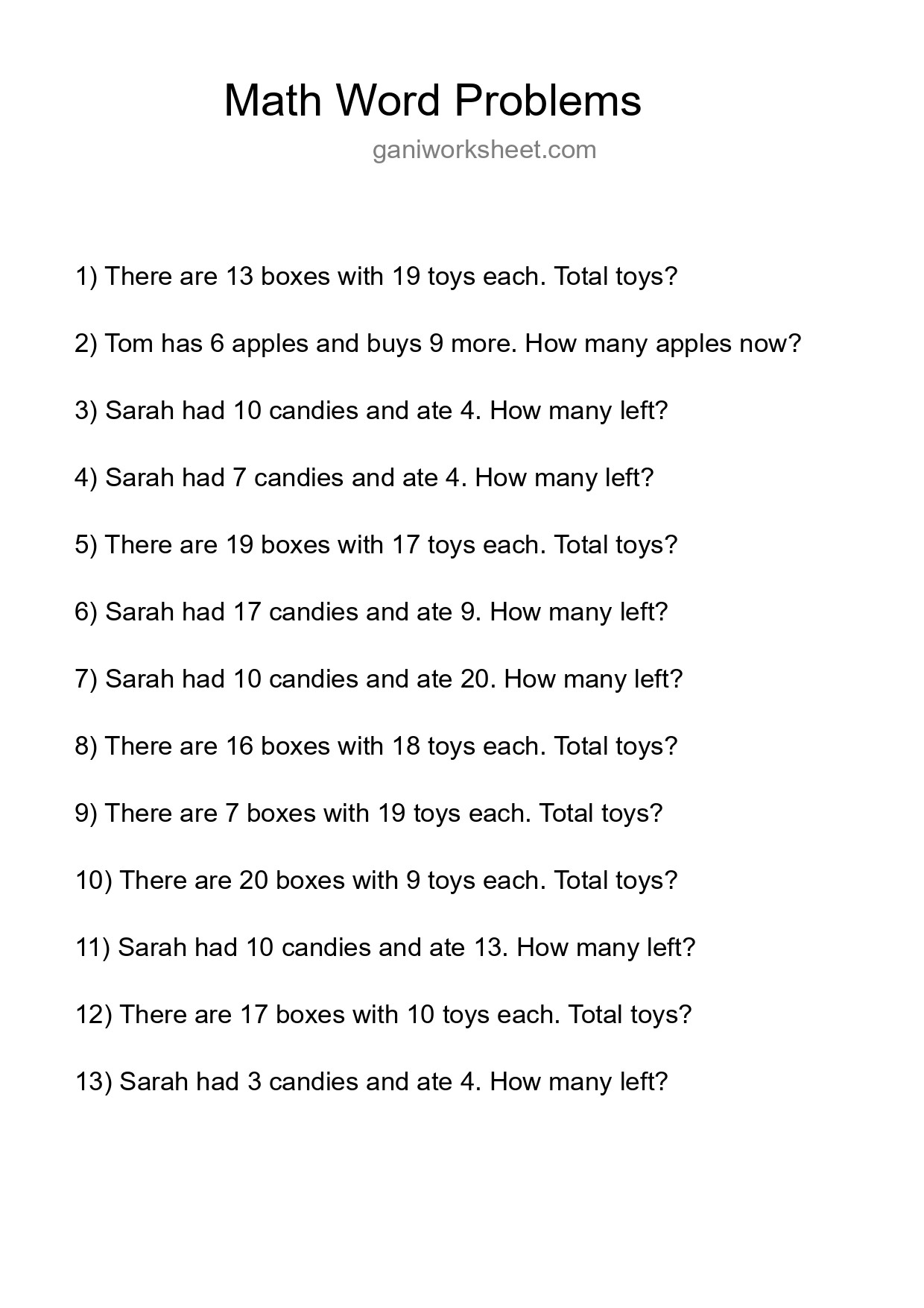 Math Word Problem Worksheet