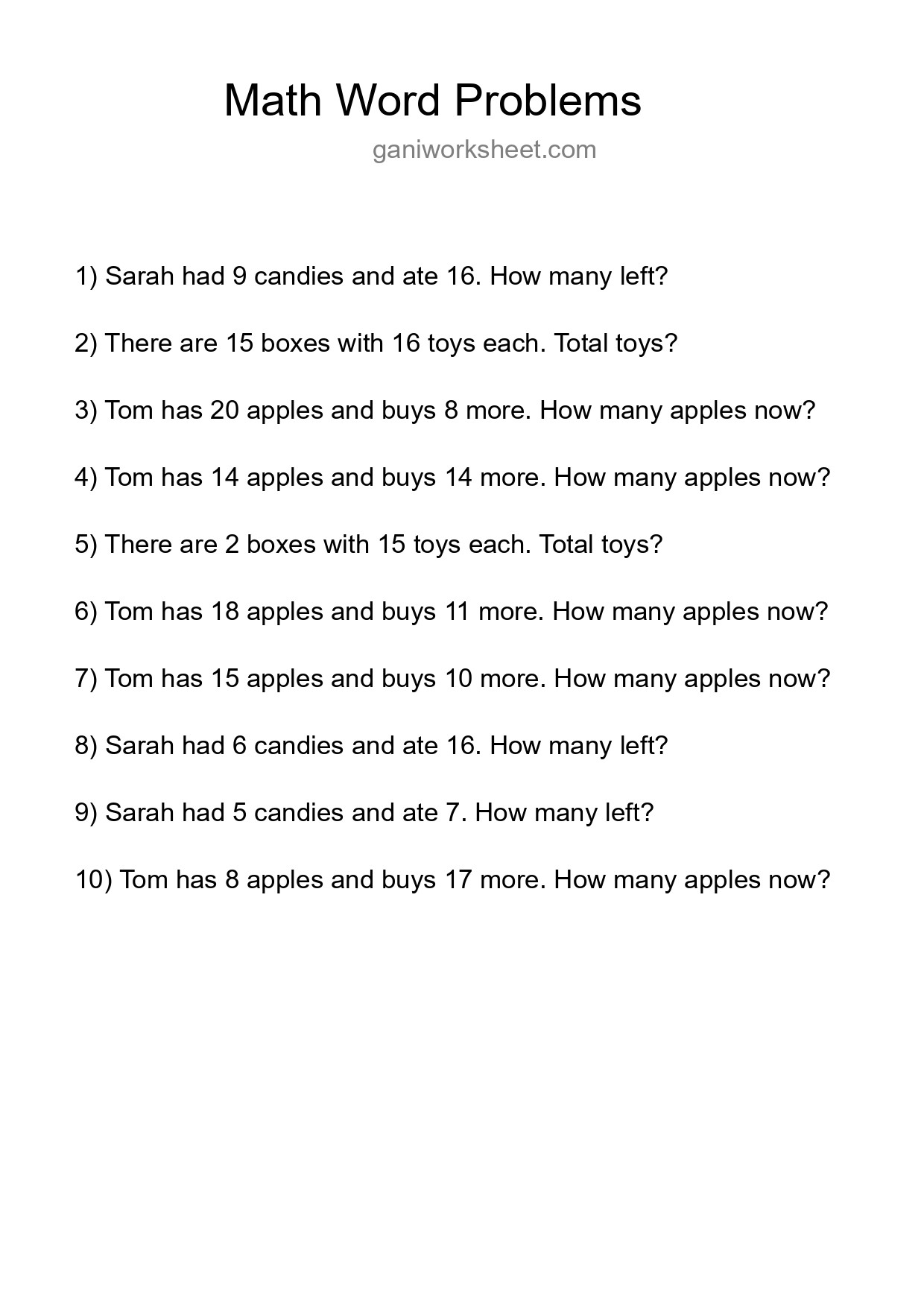 Math Word Problem Worksheet