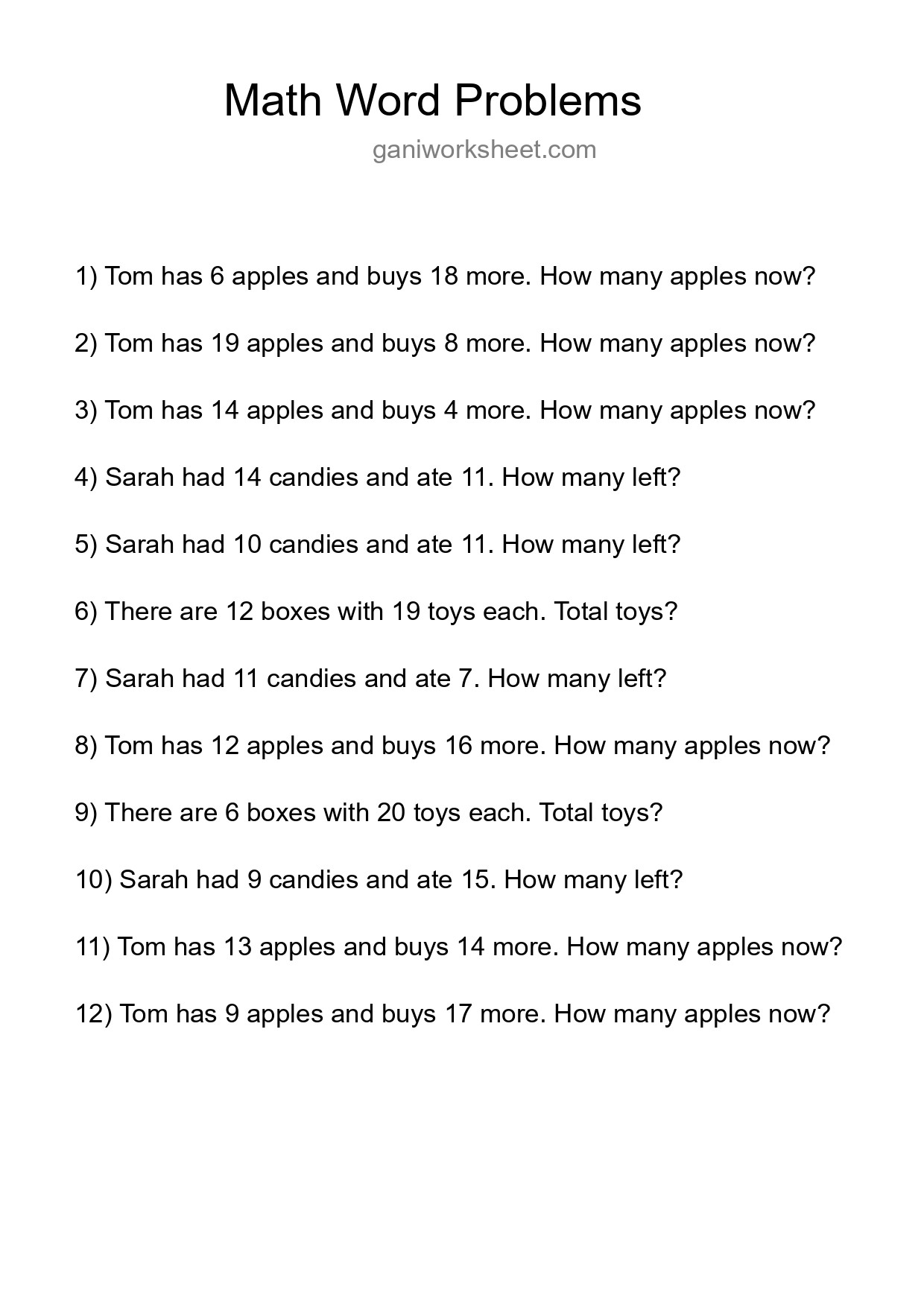 Math Word Problem Worksheet