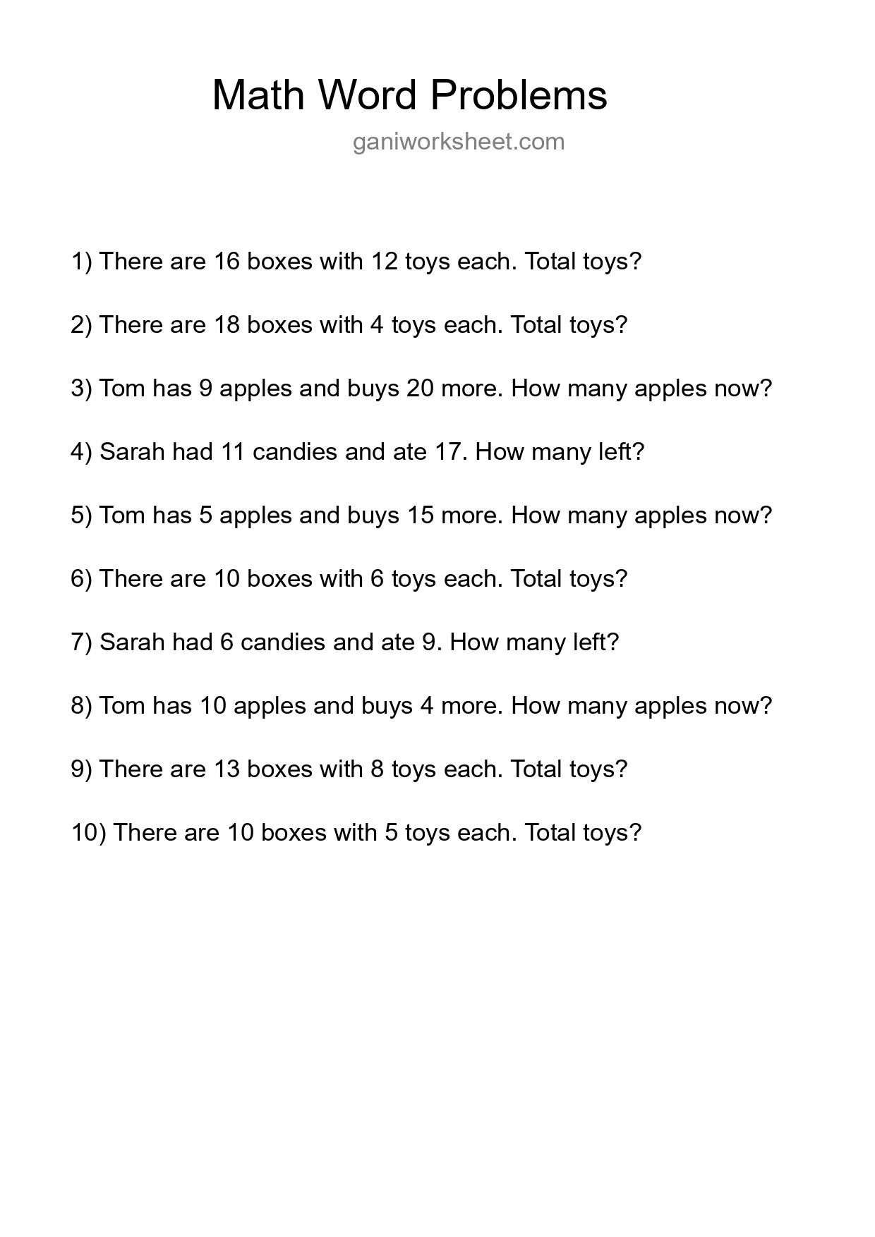 Math Word Problem Worksheet