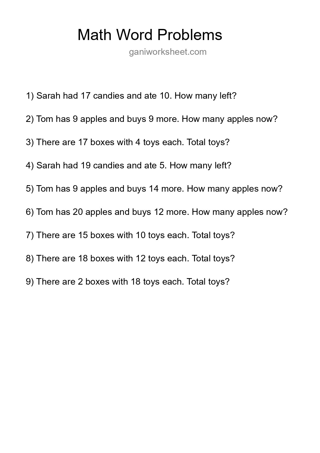 Math Word Problem Worksheet