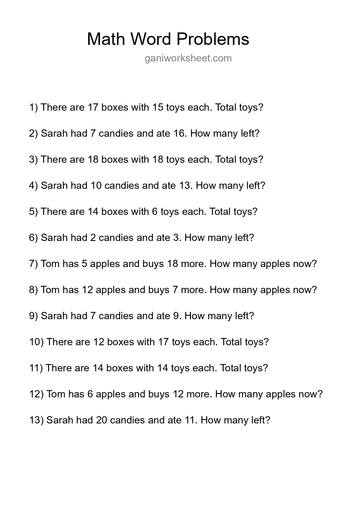 Math Word Problem Worksheet