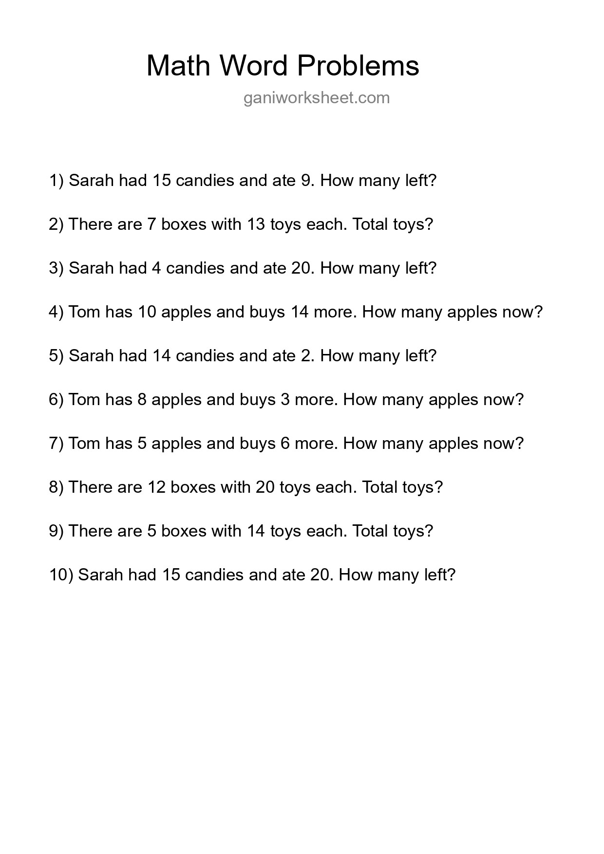 Math Word Problem Worksheet