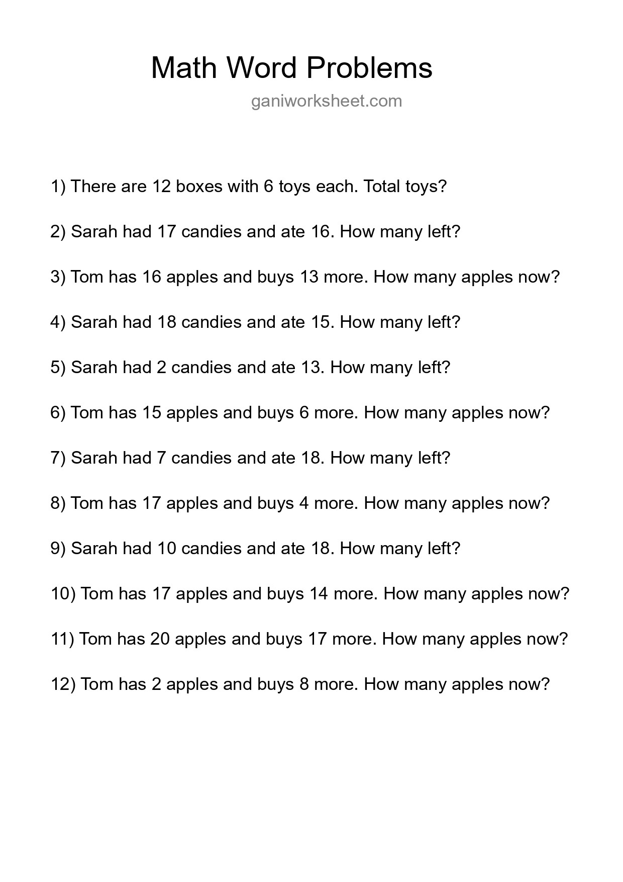 Math Word Problem Worksheet