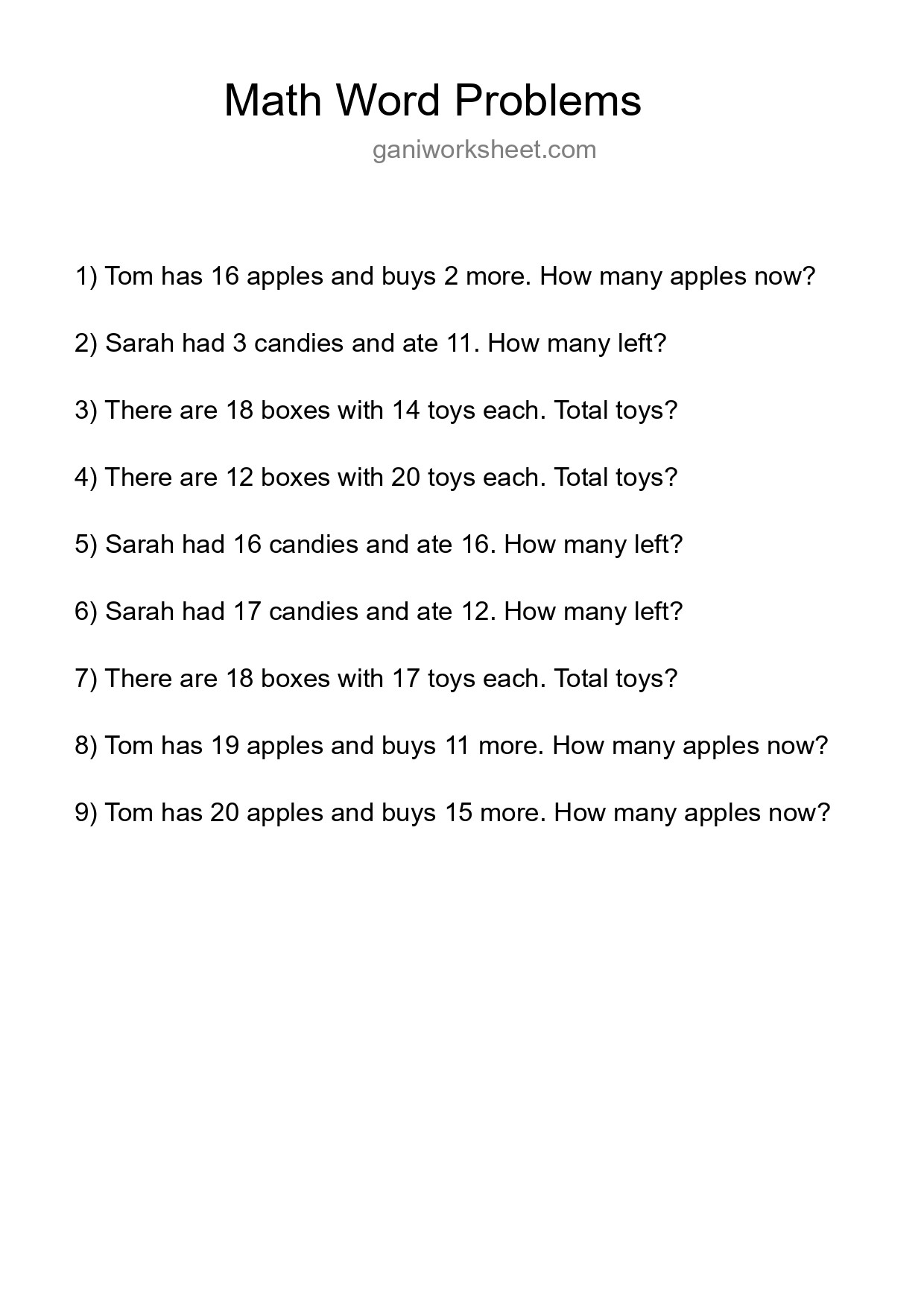 Math Word Problem Worksheet