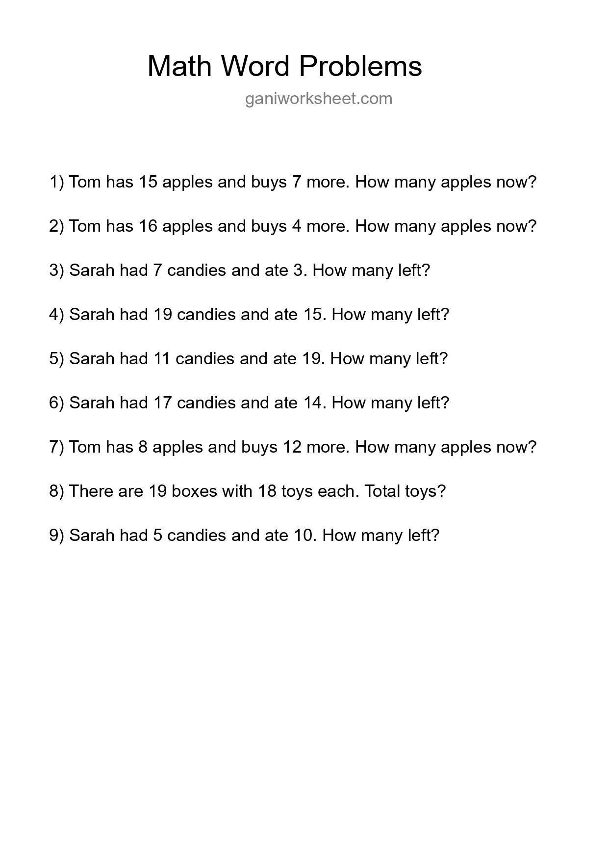 Math Word Problem Worksheet