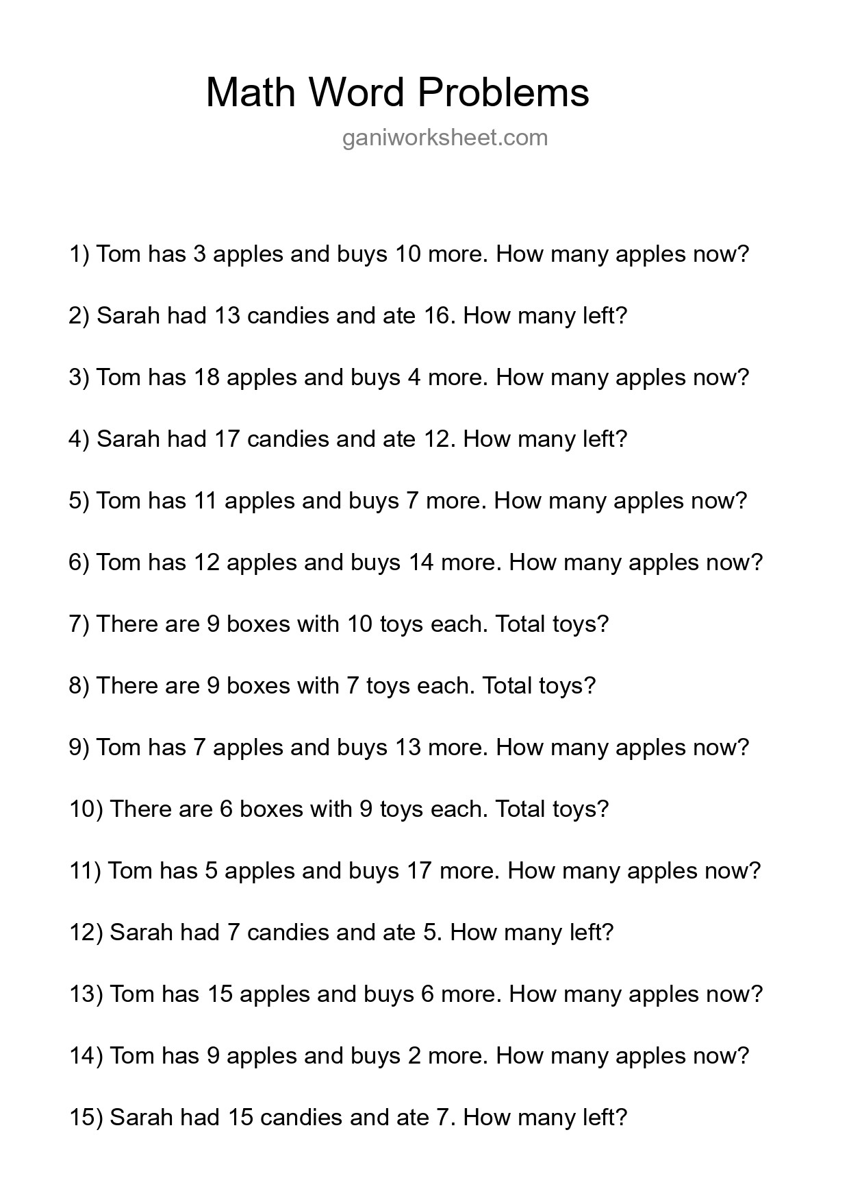 Math Word Problem Worksheet