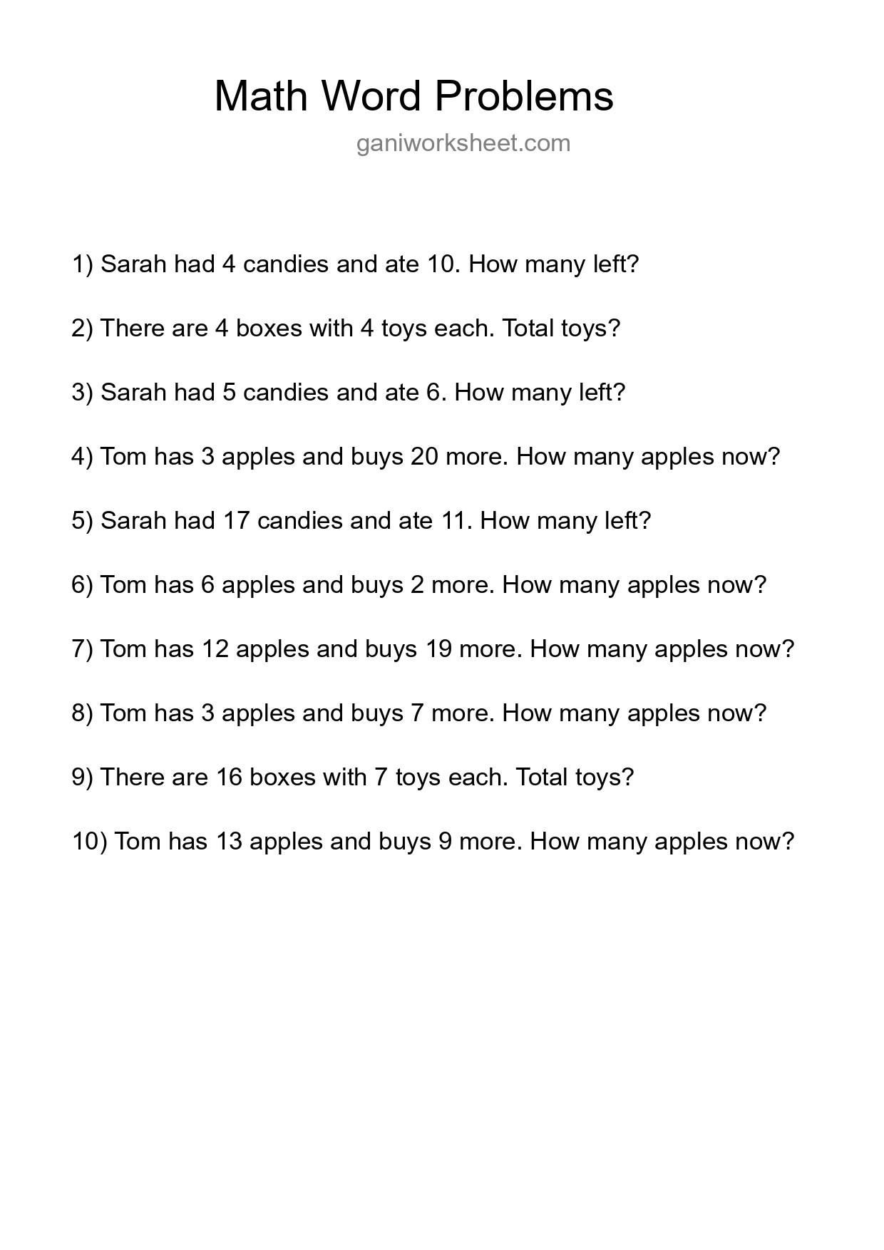 Math Word Problem Worksheet