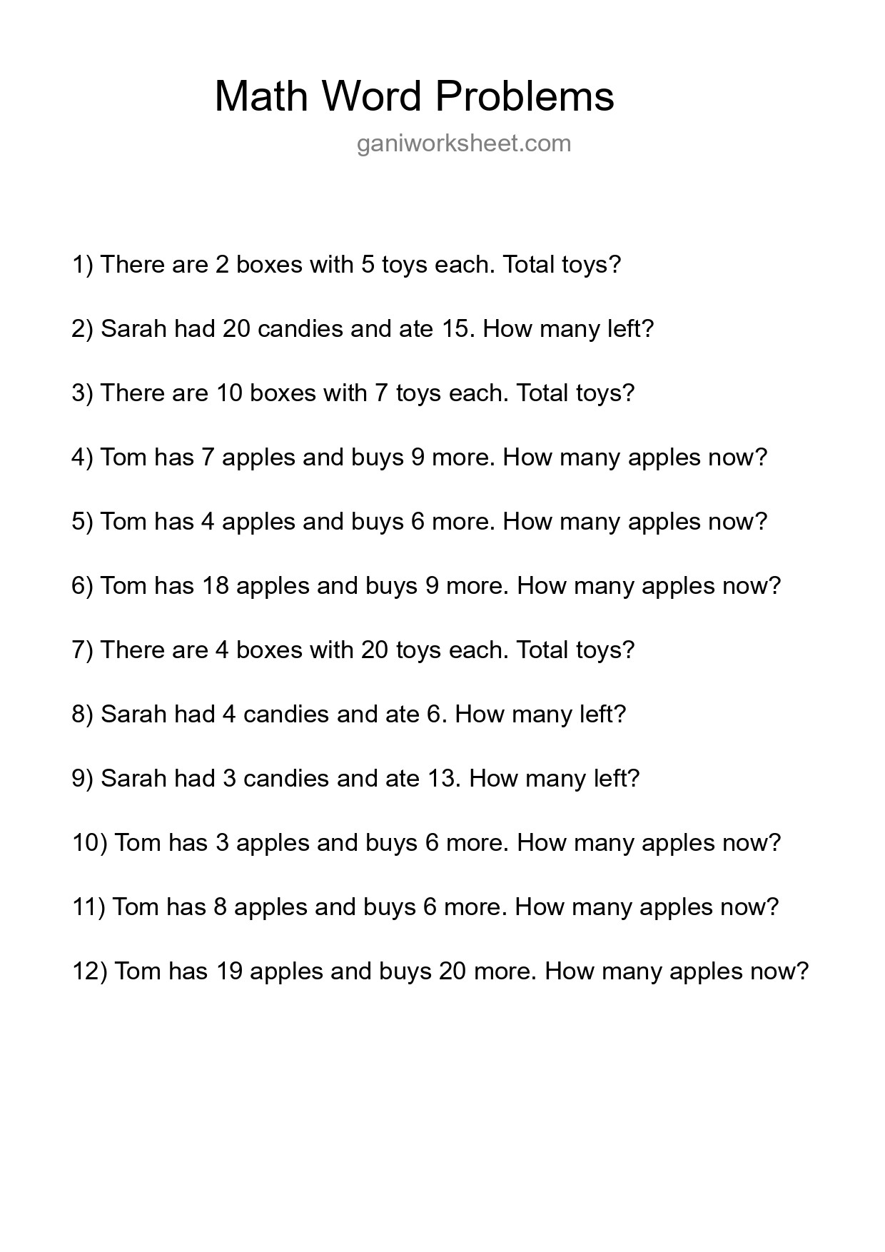 Math Word Problem Worksheet