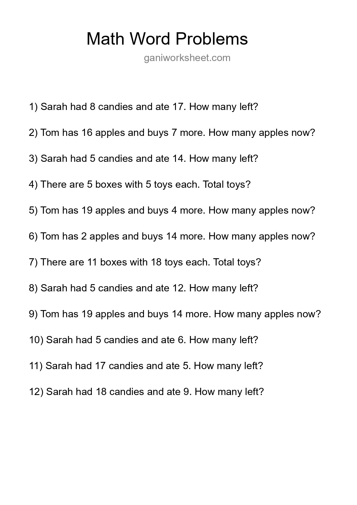 Math Word Problem Worksheet